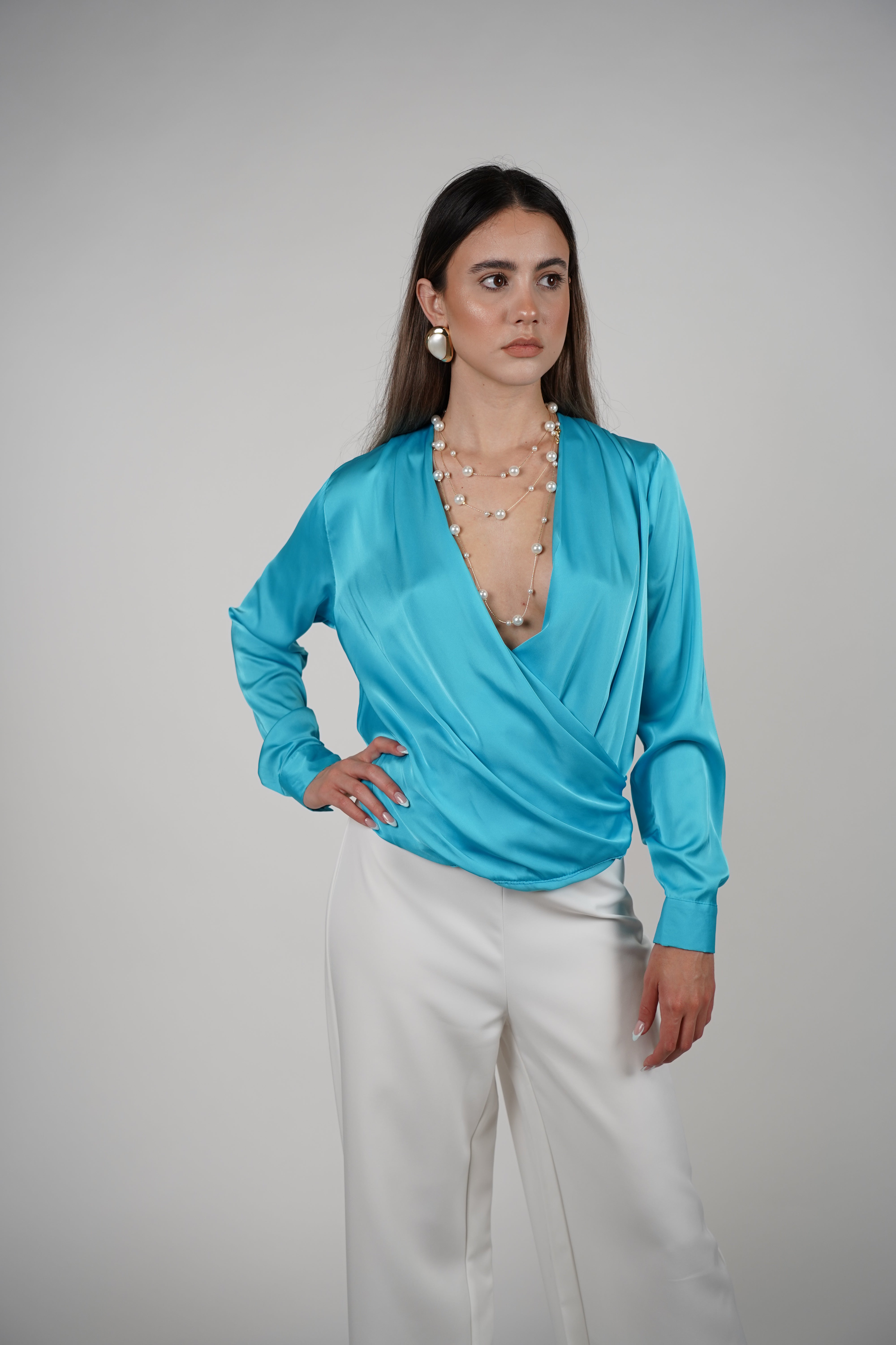 Karo Longsleeve Blouse – Silky Wrap Style Elegance