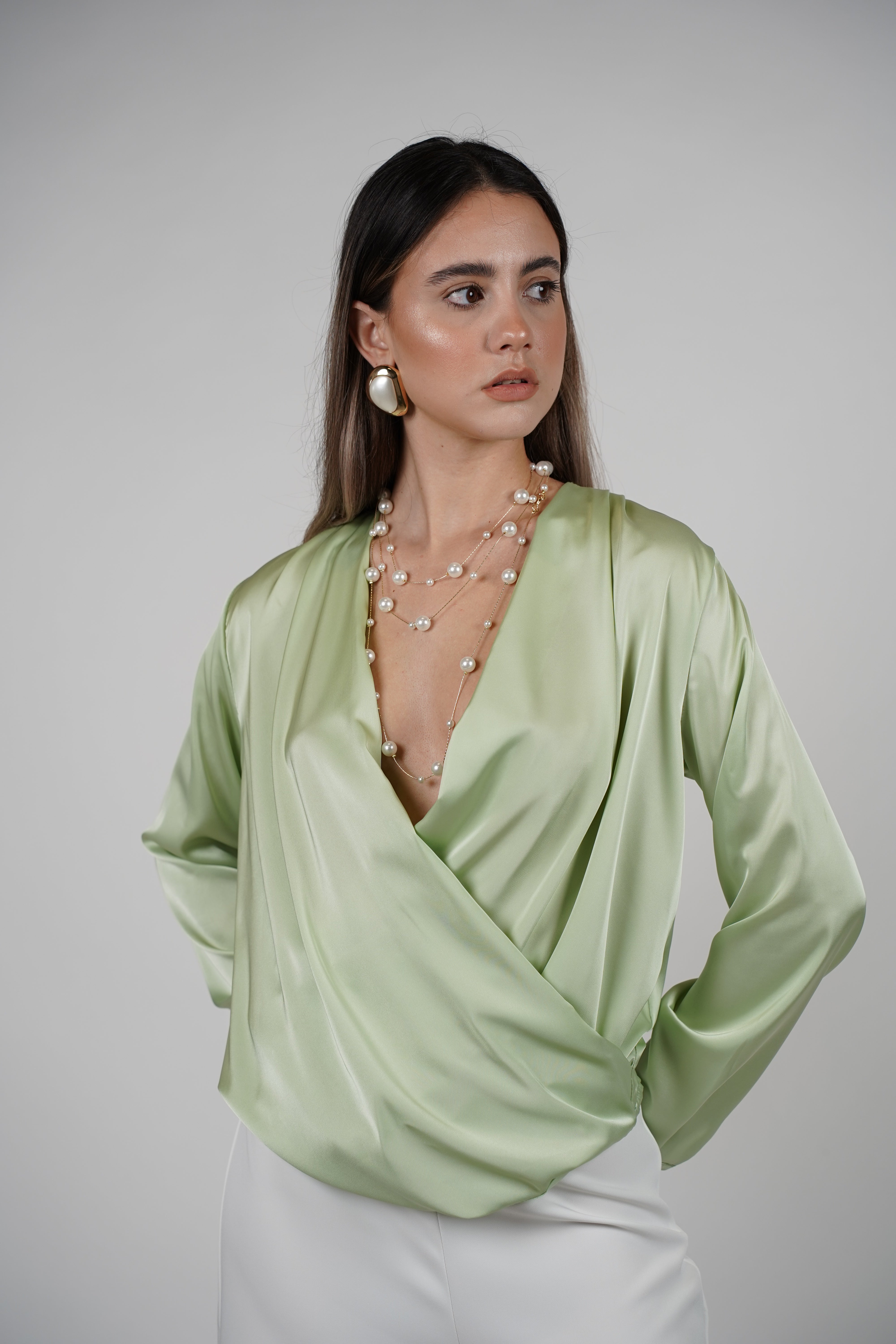 Karo Longsleeve Blouse – Silky Wrap Style Elegance