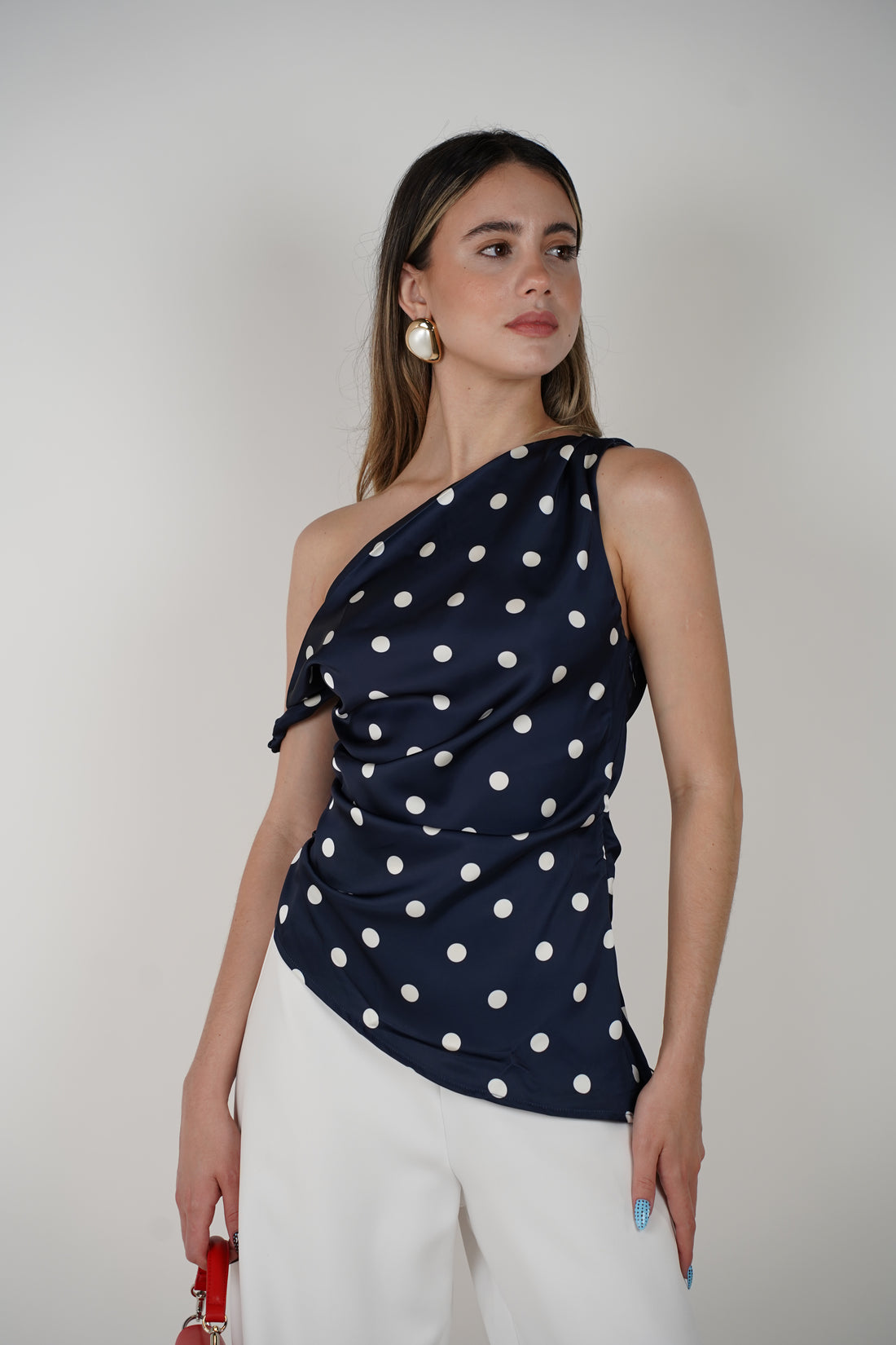 Zelia Polka Dot Top – Chic One-Shoulder Elegance in Navy & White