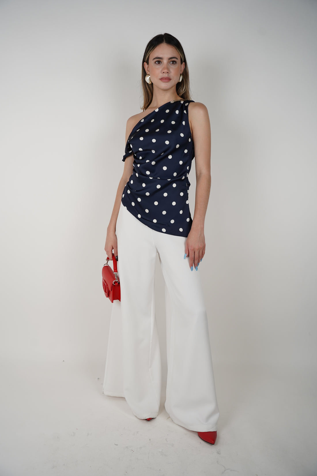 Zelia Polka Dot Top – Chic One-Shoulder Elegance in Navy & White