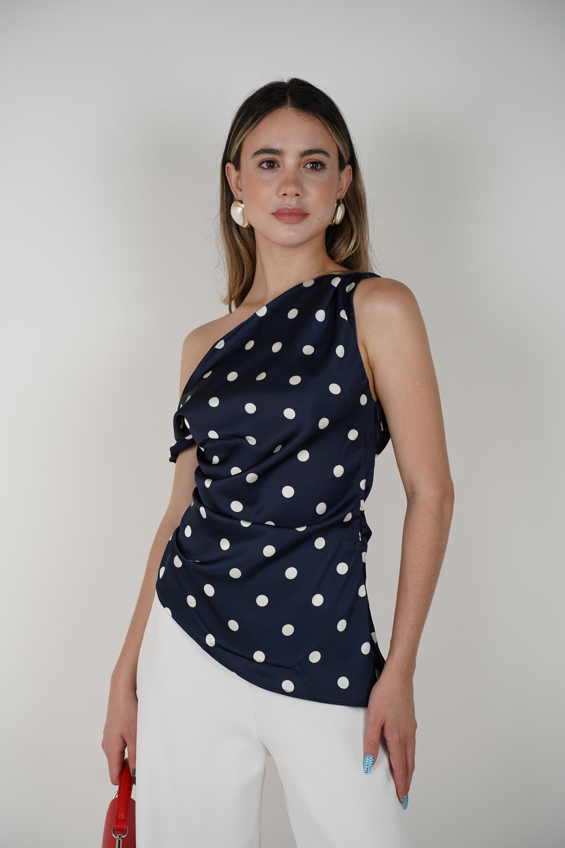 Zelia Polka Dot Top – Chic One-Shoulder Elegance in Navy & White
