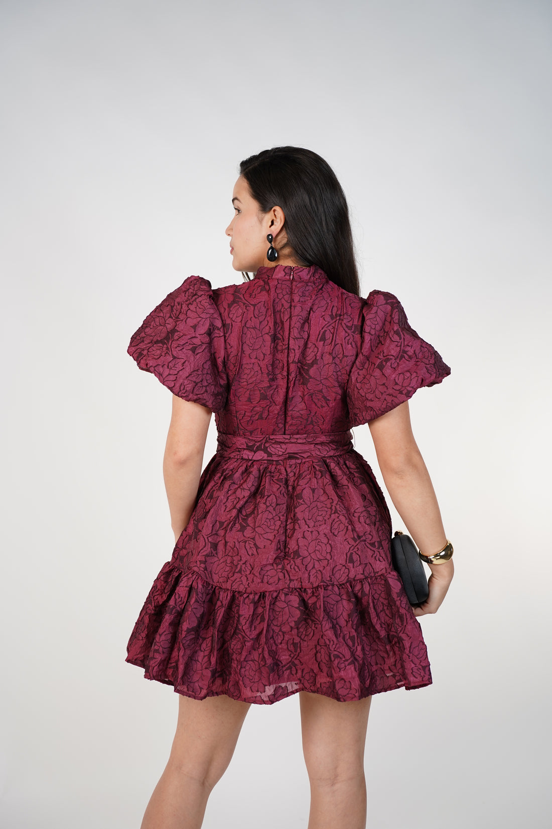 Nyselle Puff Sleeve Mini Dress – Floral Jacquard Mini Dress