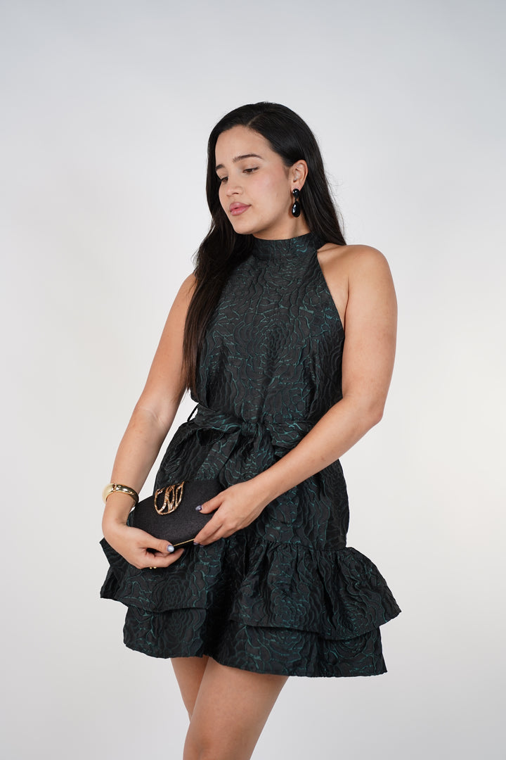 Melora Textured Halter Mini Dress – Elegant Ruffle Party Dress