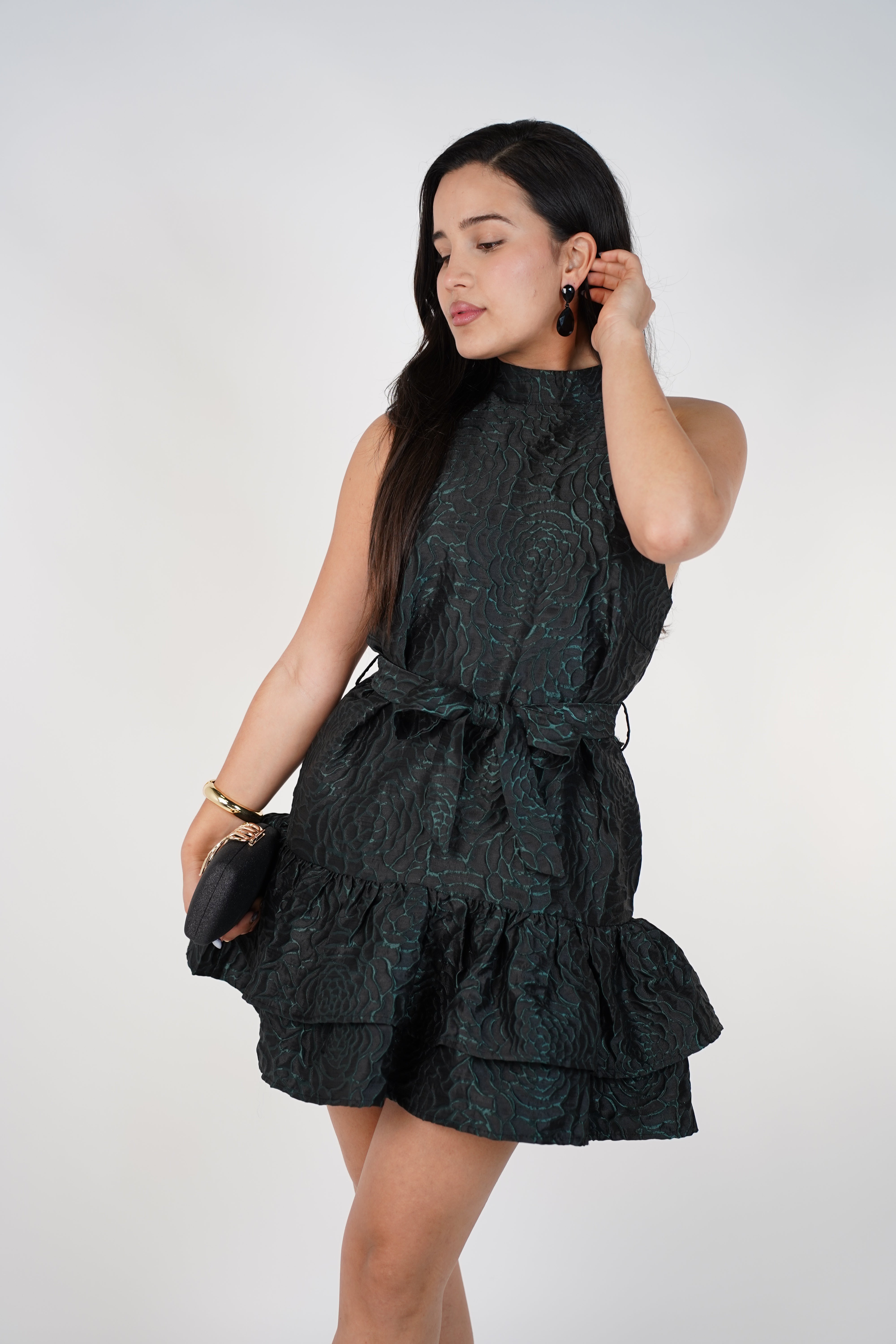 Melora Textured Halter Mini Dress – Elegant Ruffle Party Dress