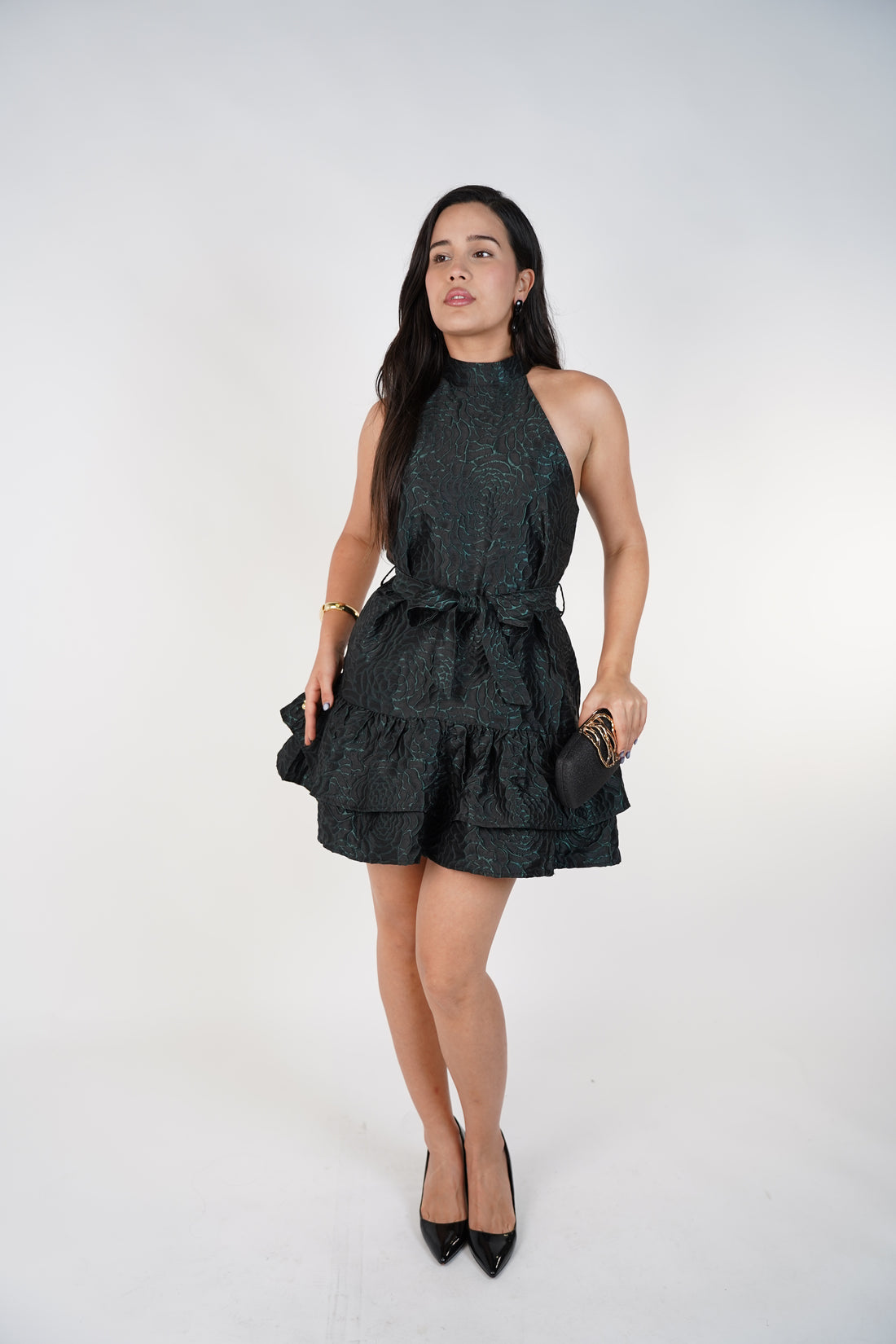 Melora Textured Halter Mini Dress – Elegant Ruffle Party Dress
