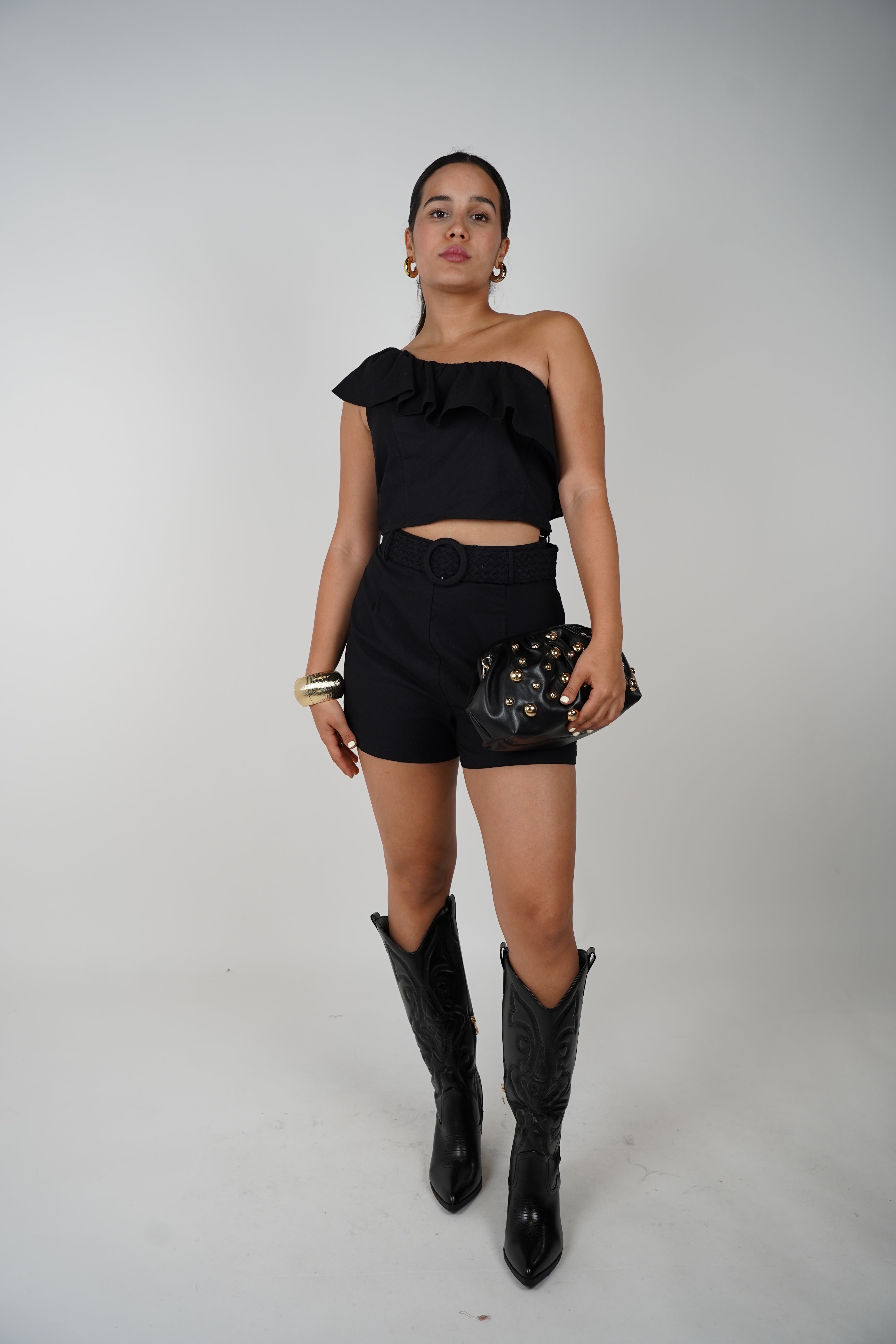 Belia Ruffle Top and Shorts Set – Chic, Structured, and All Black Everything