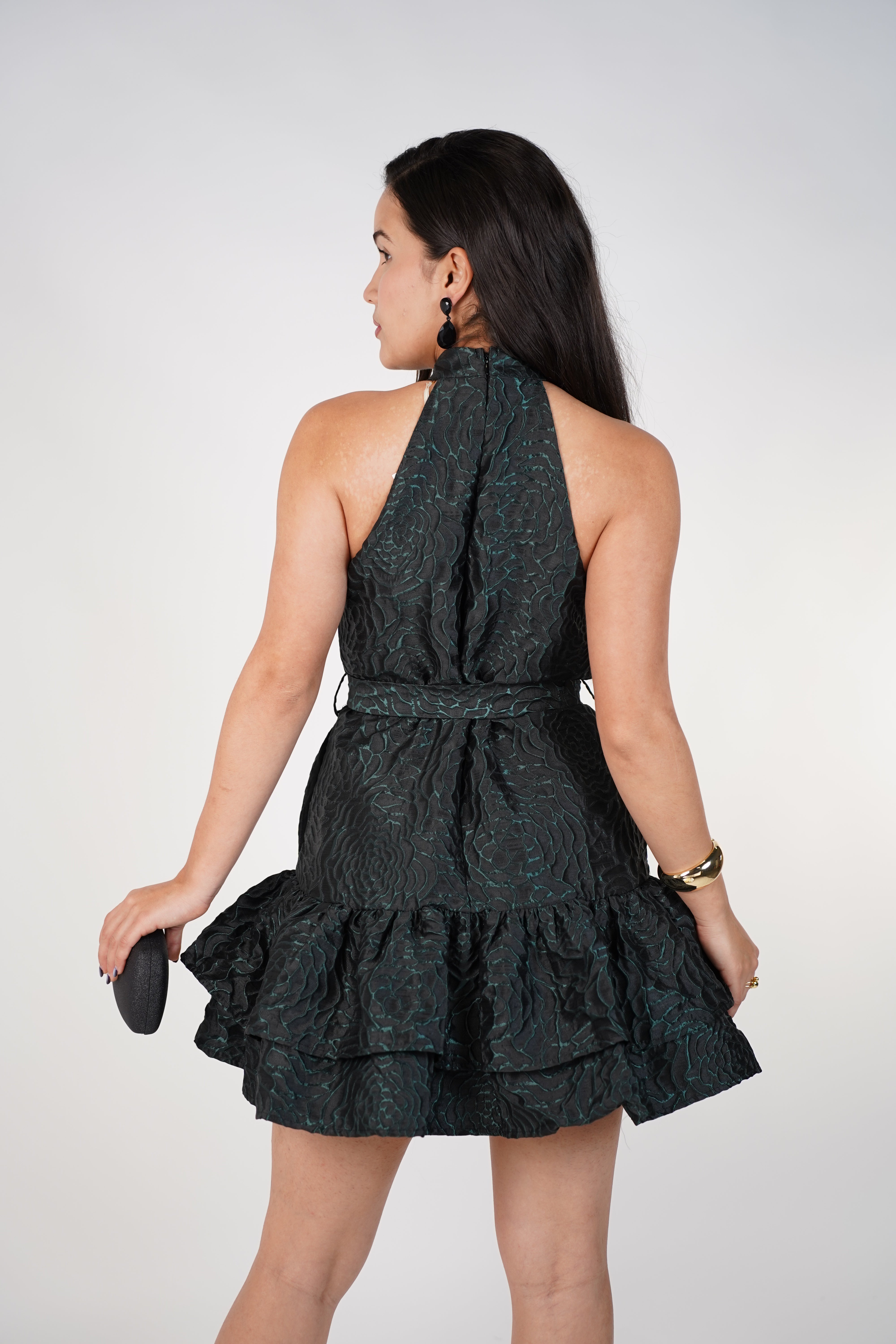 Melora Textured Halter Mini Dress – Elegant Ruffle Party Dress