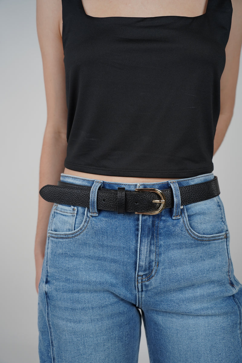 Solia Belt – Classic Black Pebbled Belt with Gold Buckle