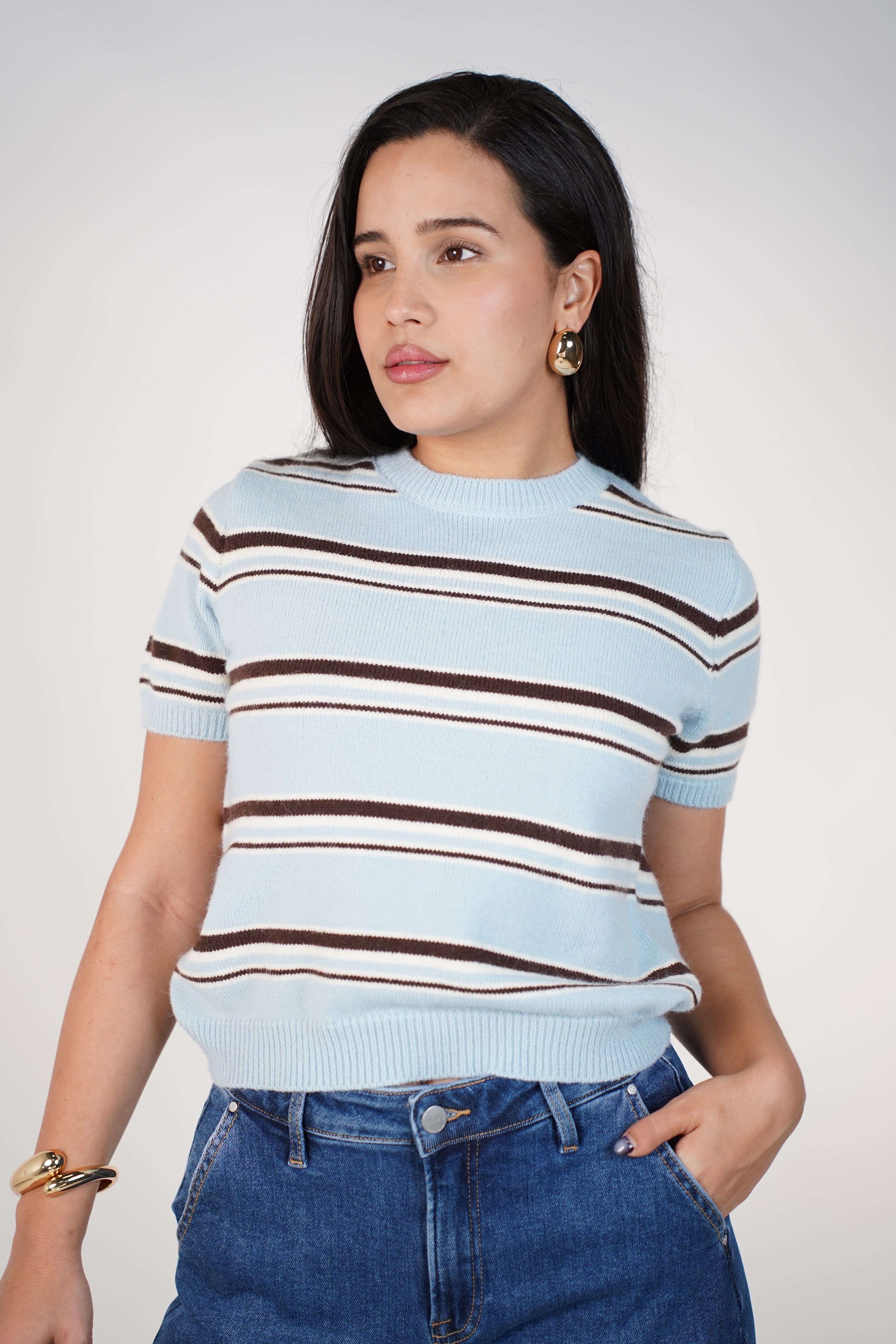 Delora Knit Sweater Top – Soft Striped Short-Sleeve Knit