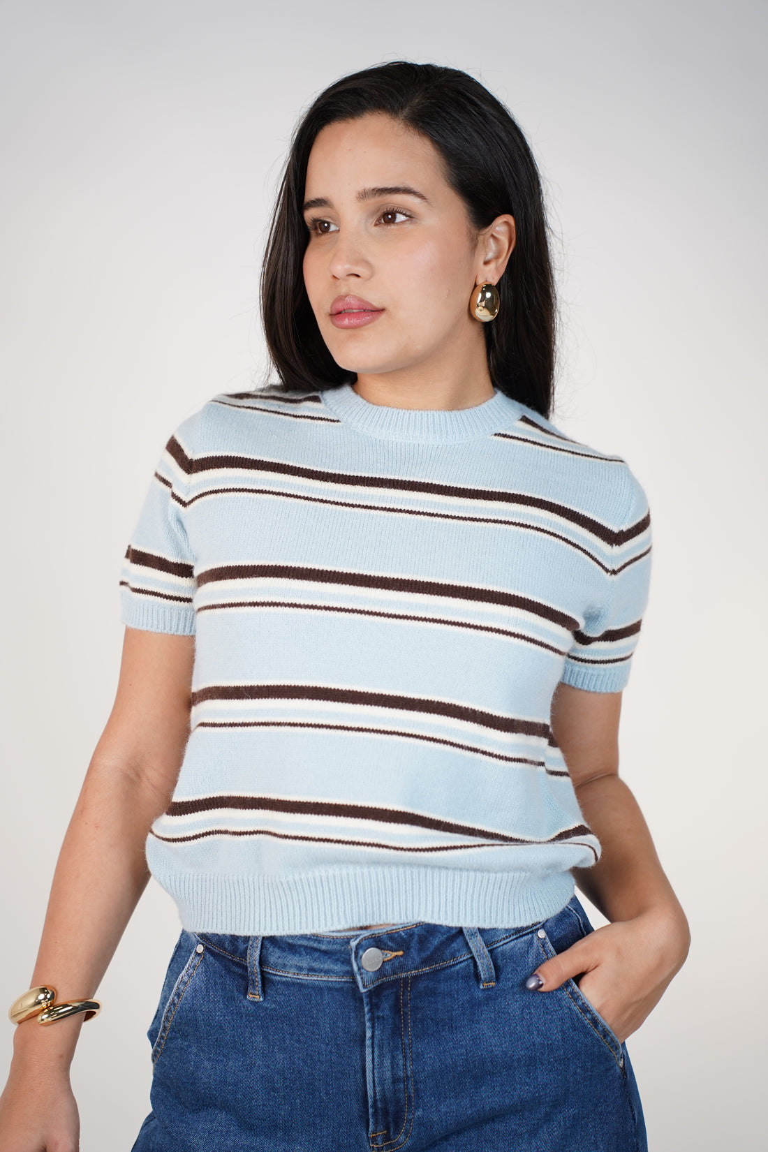 Delora Knit Sweater Top – Soft Striped Short-Sleeve Knit