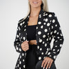 Jareli Polka Dot Blazer – Bold Satin Blazer with Black and White Retro Flair