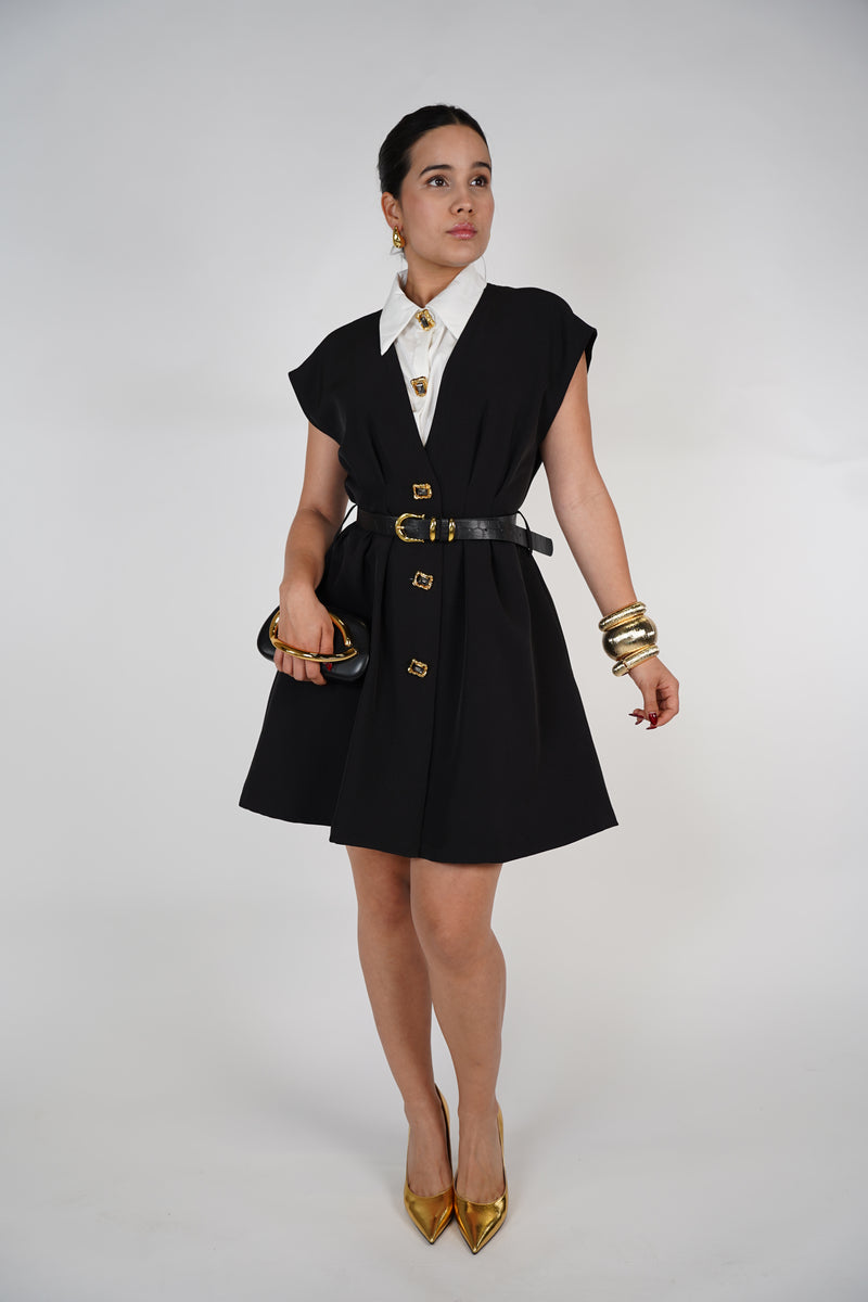 Calix Exotic Mini Dress – Bold Black Button-Up with Luxe Details