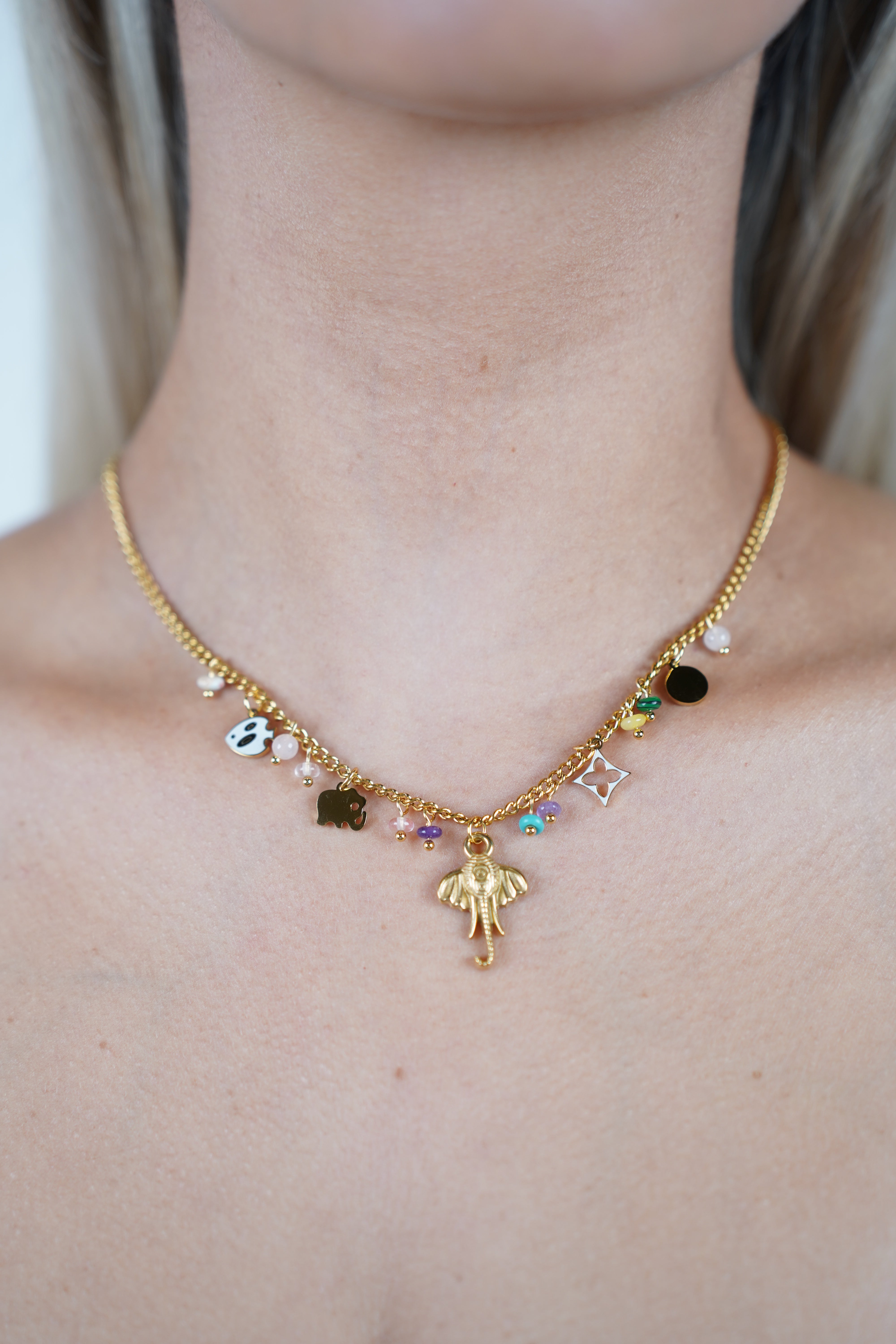 Amora Elephant Necklace – Gold Charm Necklace with Playful Beads and Symbolic Pendants