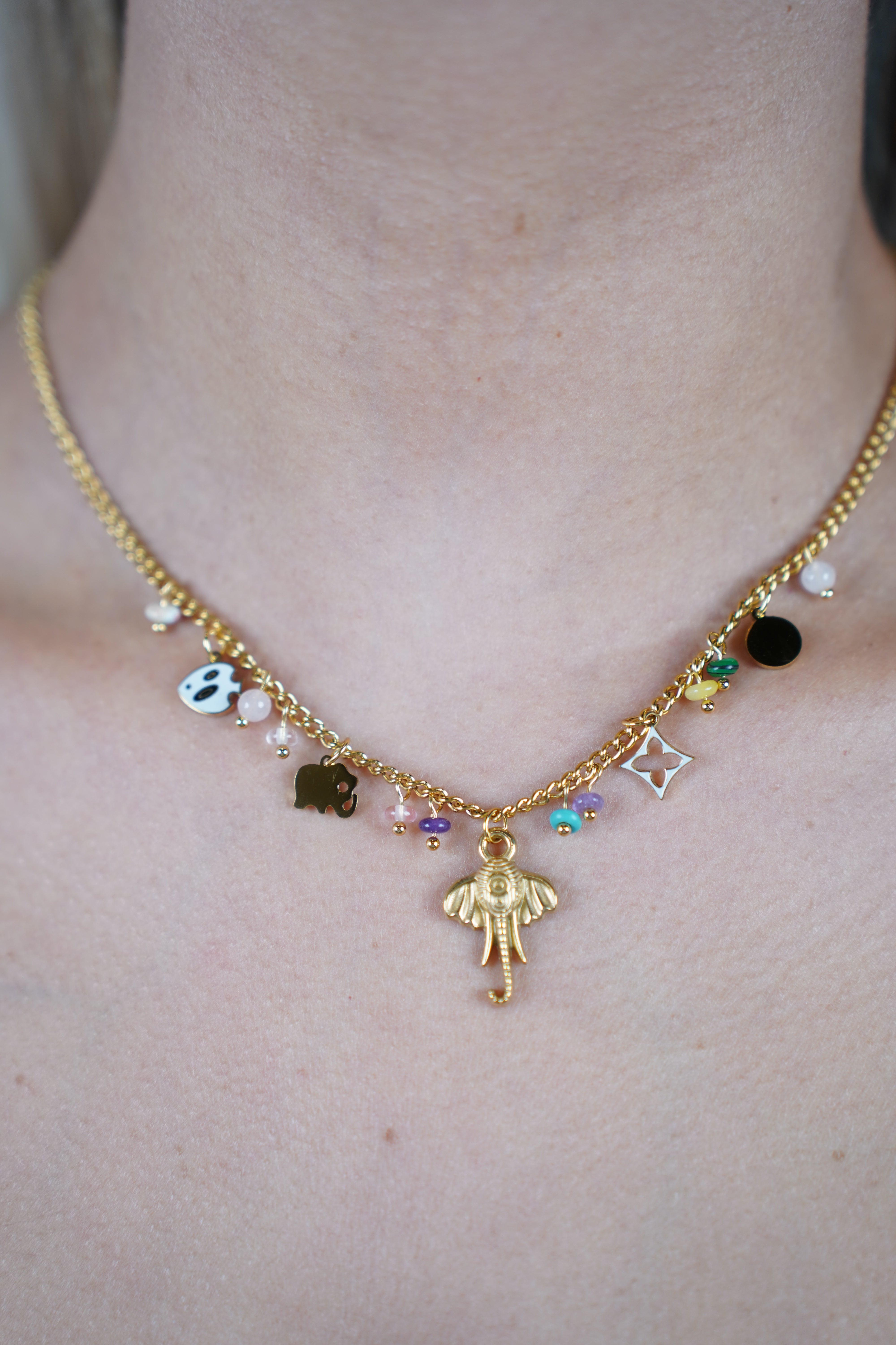 Amora Elephant Necklace – Gold Charm Necklace with Playful Beads and Symbolic Pendants