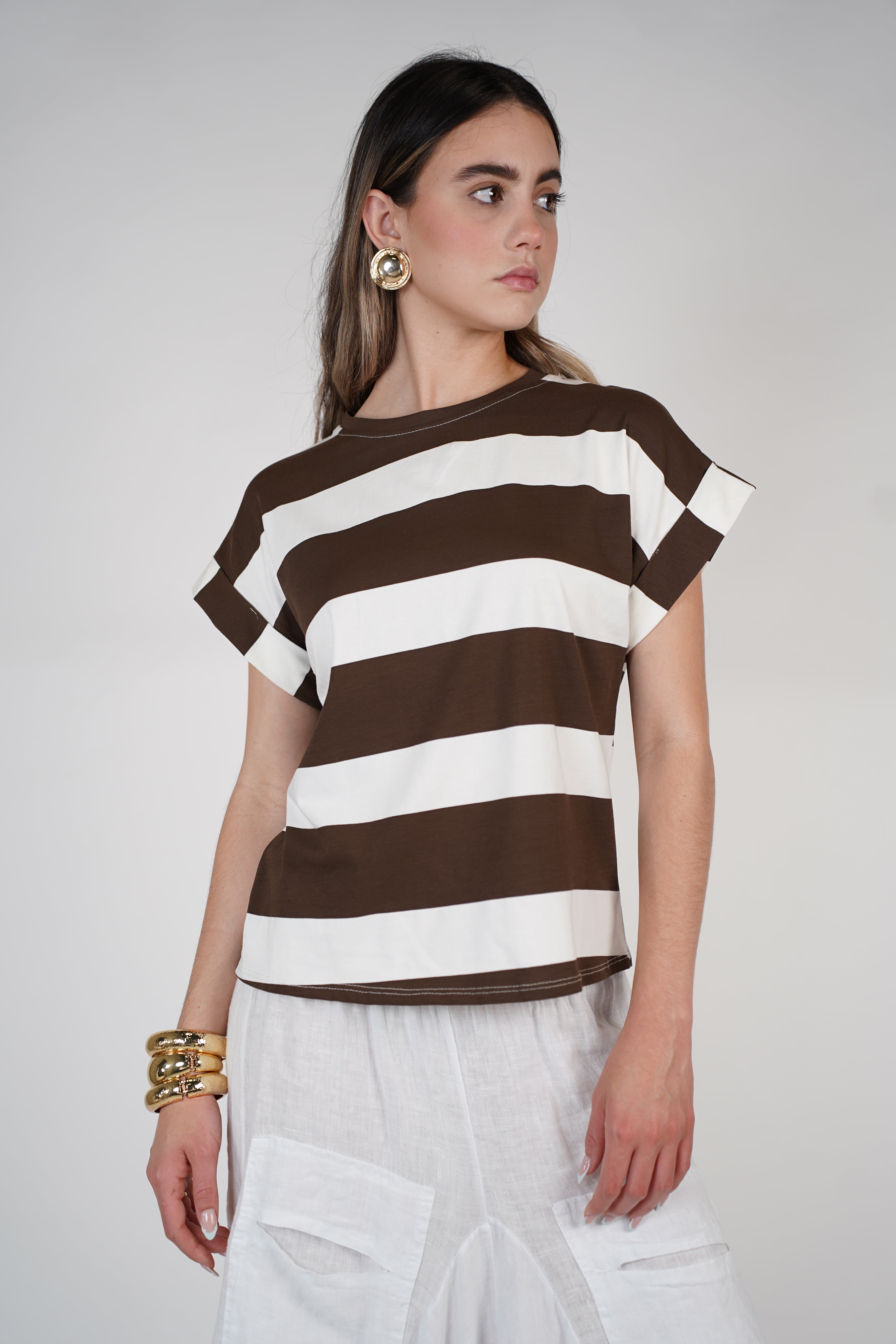 Amorez Striped Tee – Brown & White Boxy Fit Top, One Size