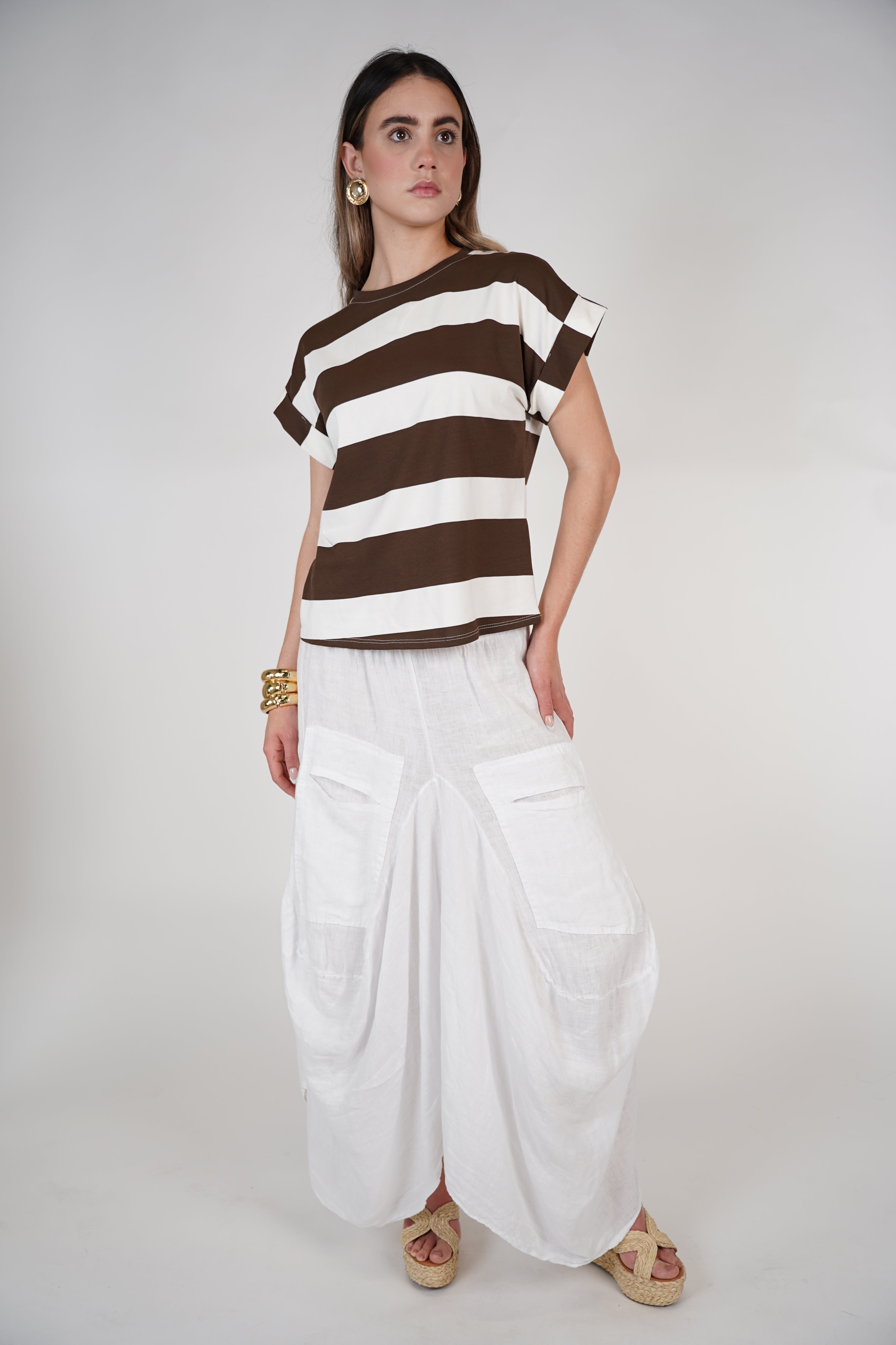Amorez Striped Tee – Brown & White Boxy Fit Top, One Size