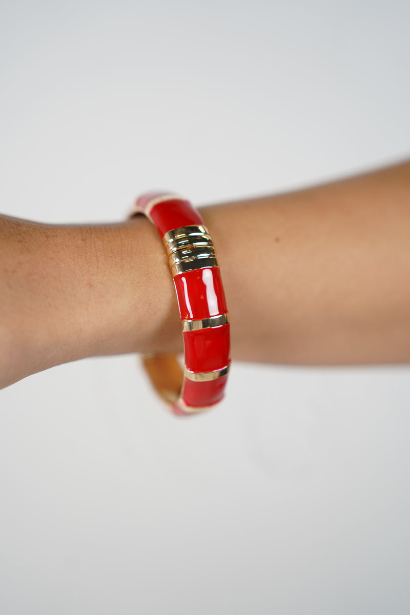 Lacey Bracelet – Red Enamel Bangle with Glossy Gold Accents