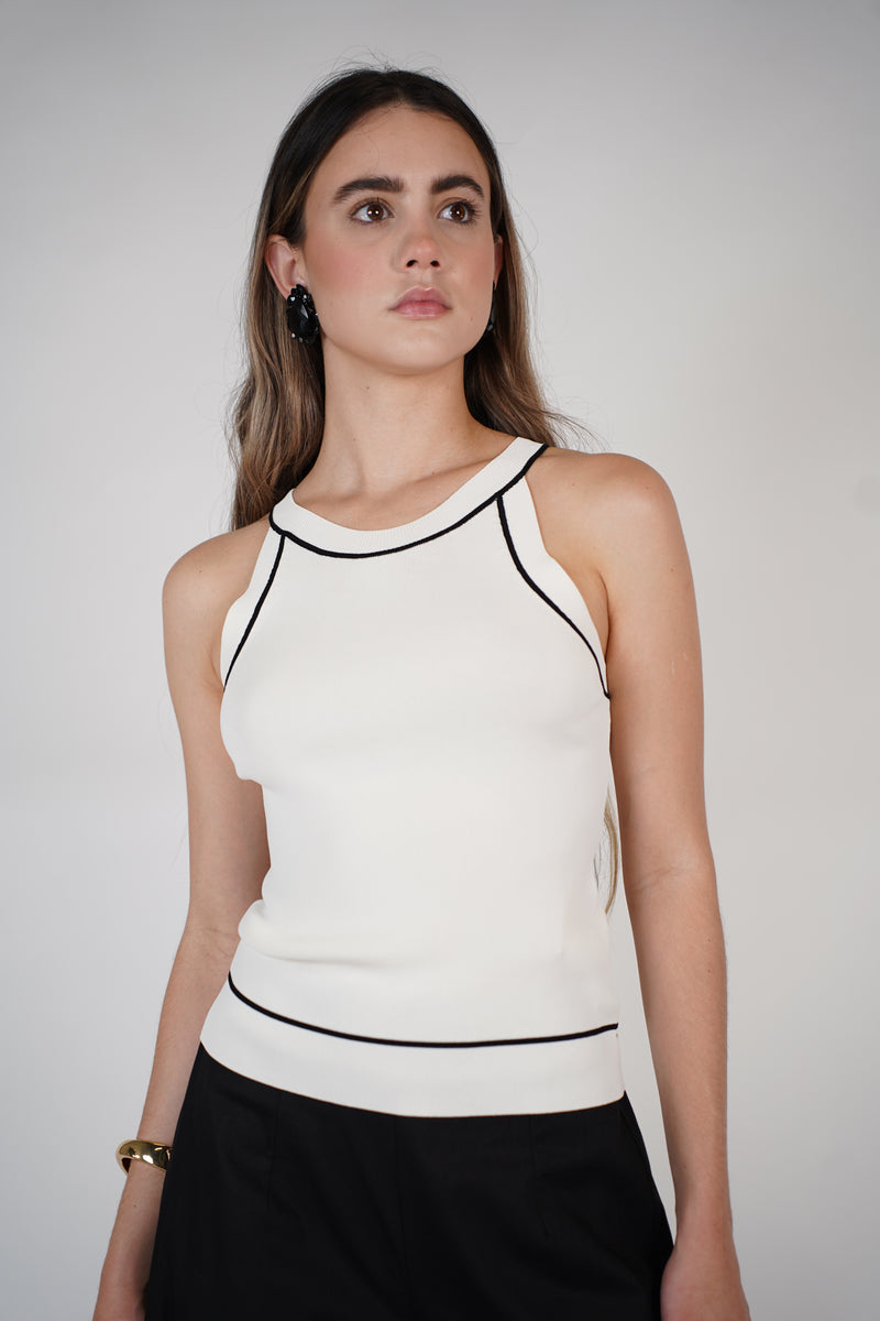 Sovia Halter Tank – Contrast Trim Ribbed Knit Top