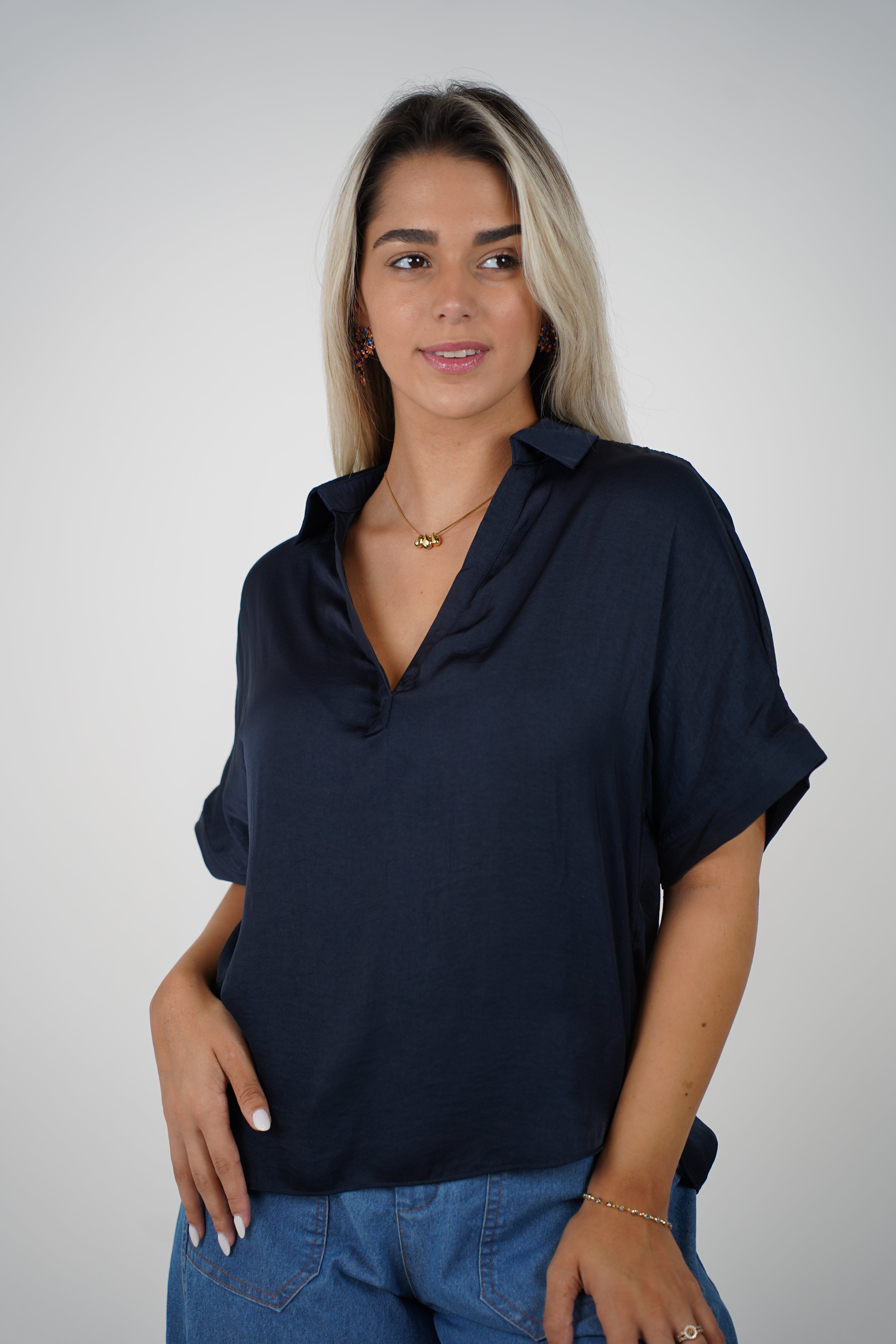 Lixiana Flaca Top – Effortless Silk Touch Blouse in Midnight Navy