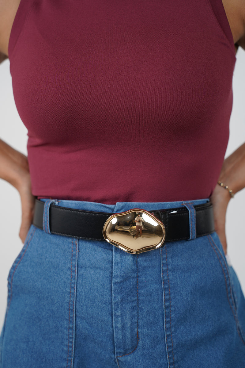 Zorin Thick Buckle Belt – Black Belt with Bold Sculpted Gold Buckle