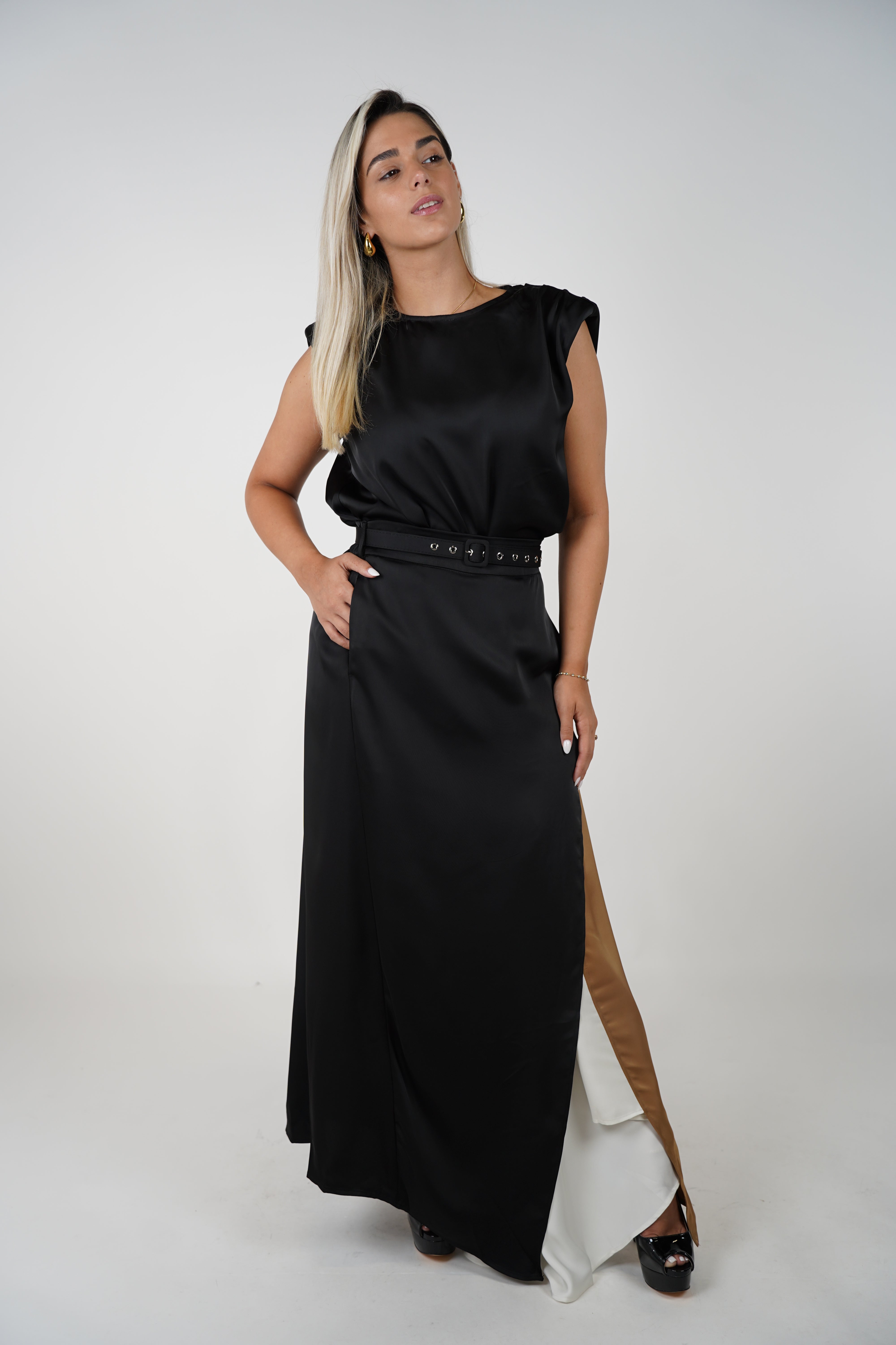 Tasi Skirt Set – Satin Shoulder-Padded Top & Side-Slit Color Block Maxi Skirt