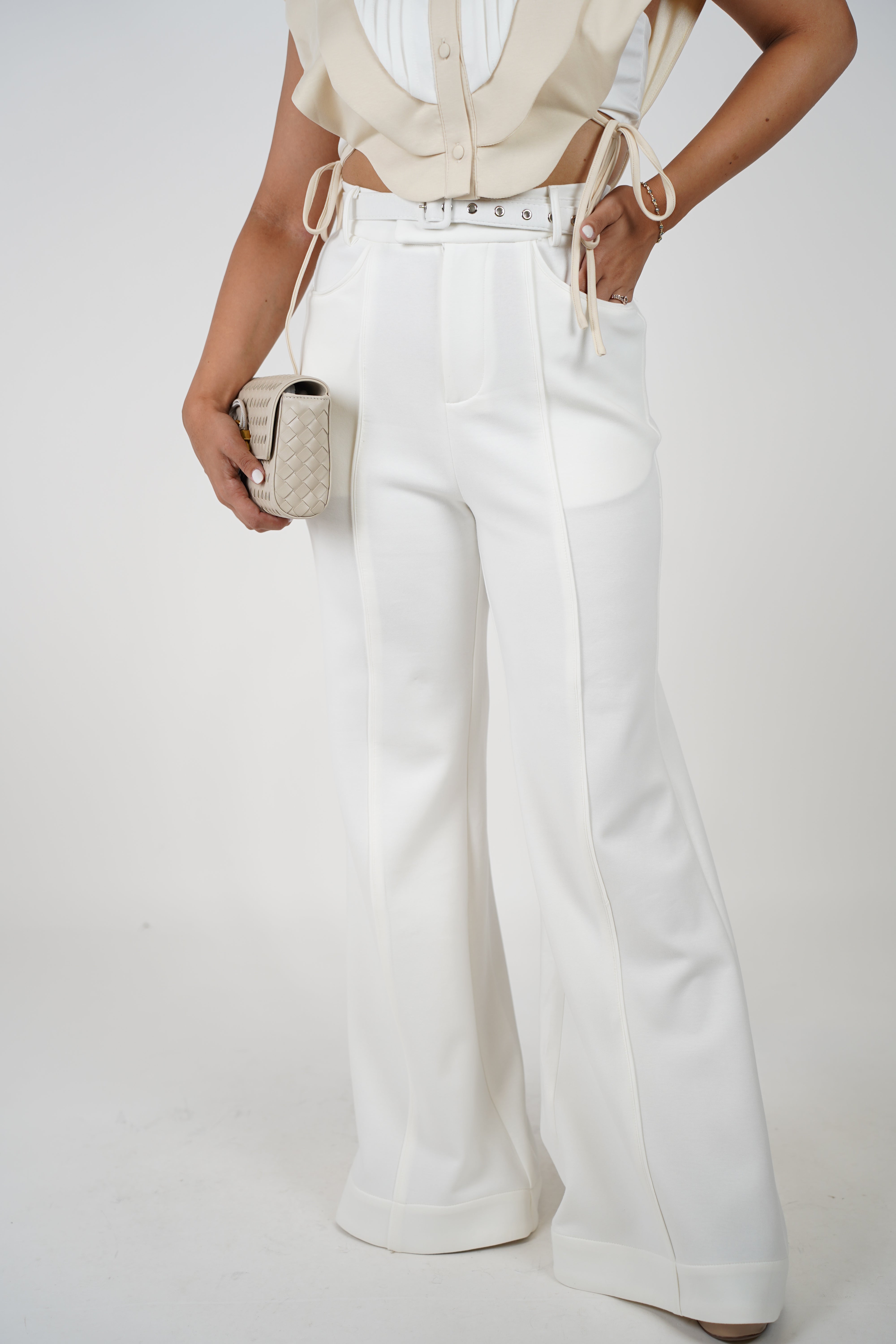 Rima Pants Set – Cream Cropped Vest Top & High-Waisted Wide Leg Trousers