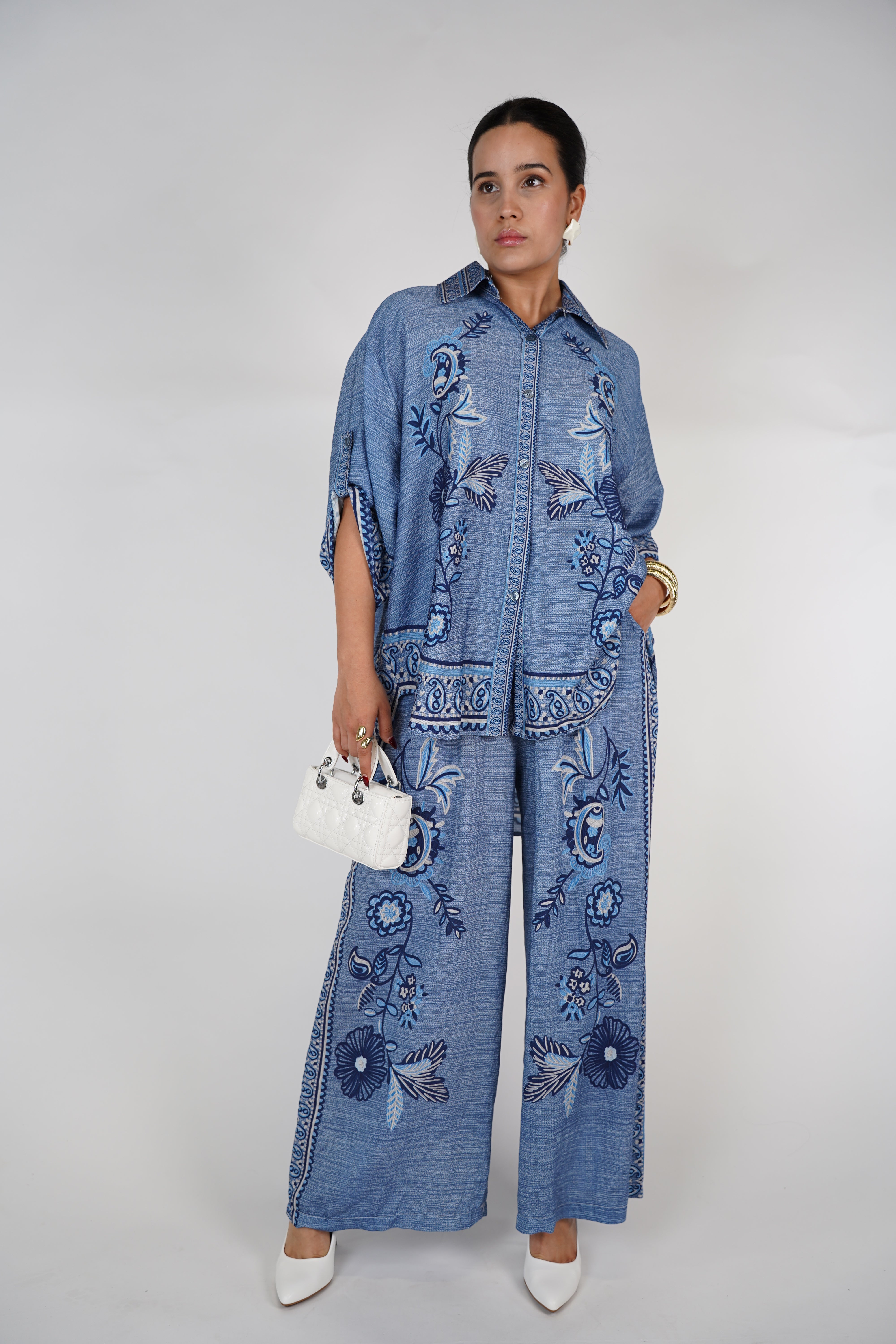 Melin Denim Style Set – Embroidered Oversized Shirt & Wide Pants