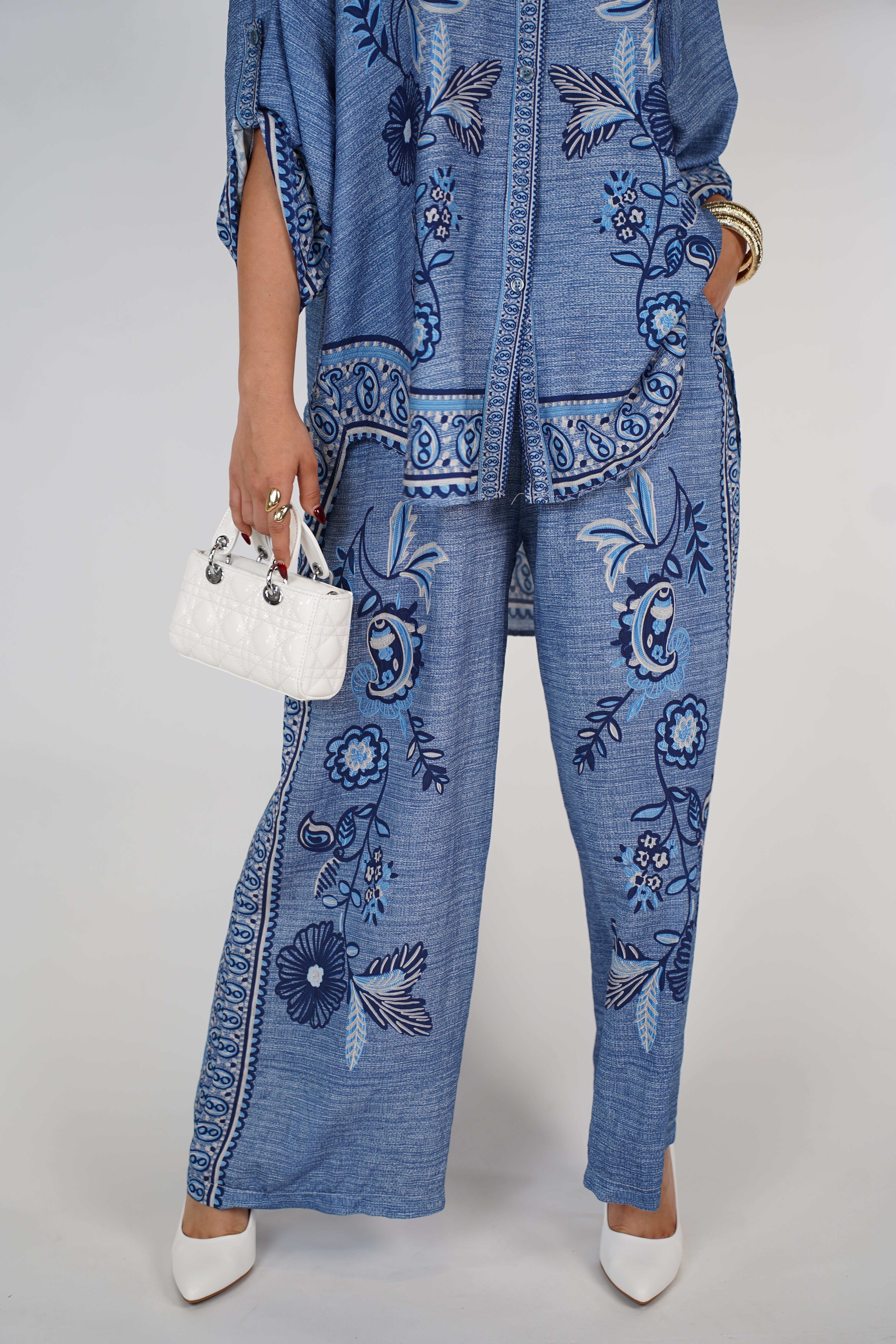 Melin Denim Style Set – Embroidered Oversized Shirt & Wide Pants