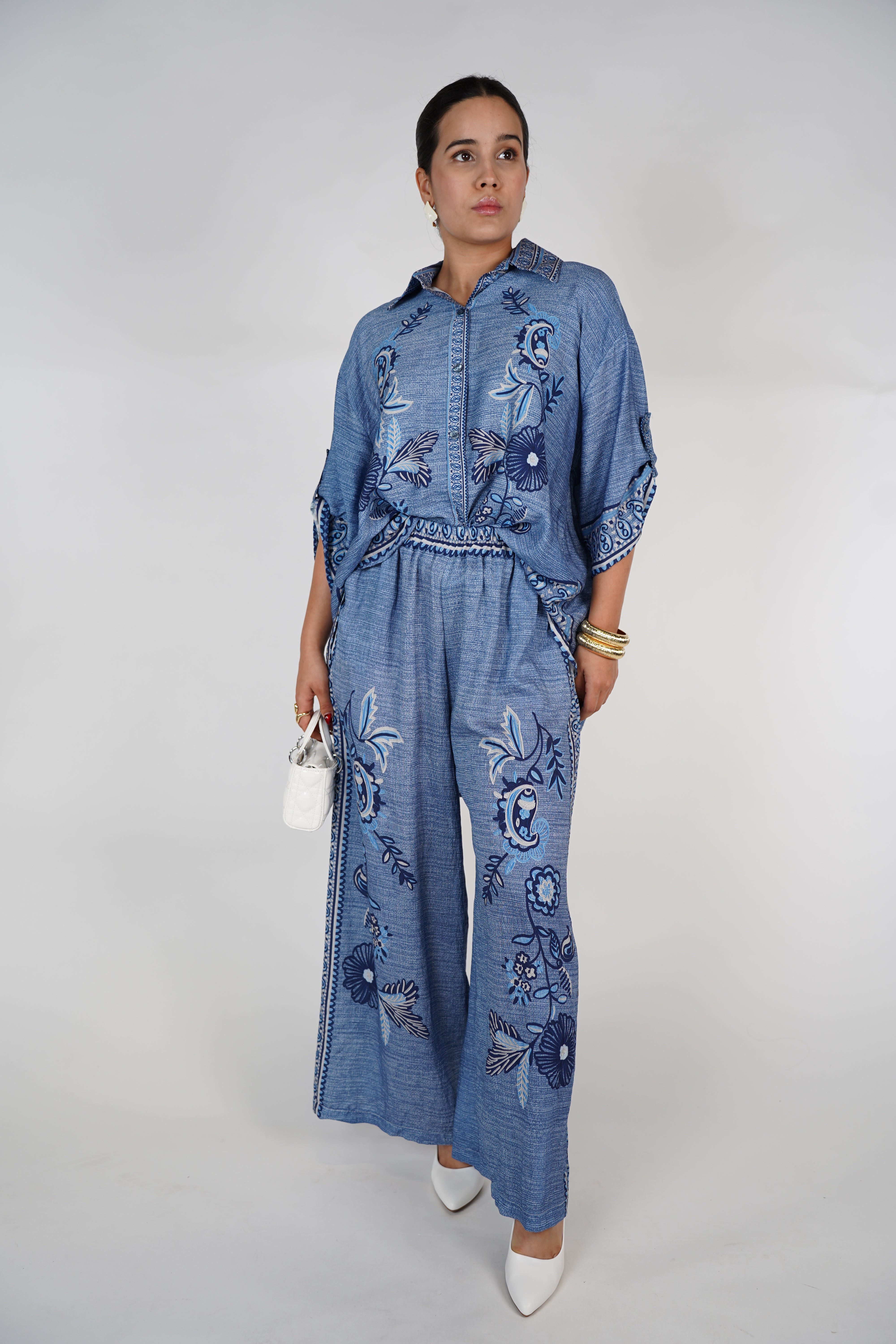 Melin Denim Style Set – Embroidered Oversized Shirt & Wide Pants