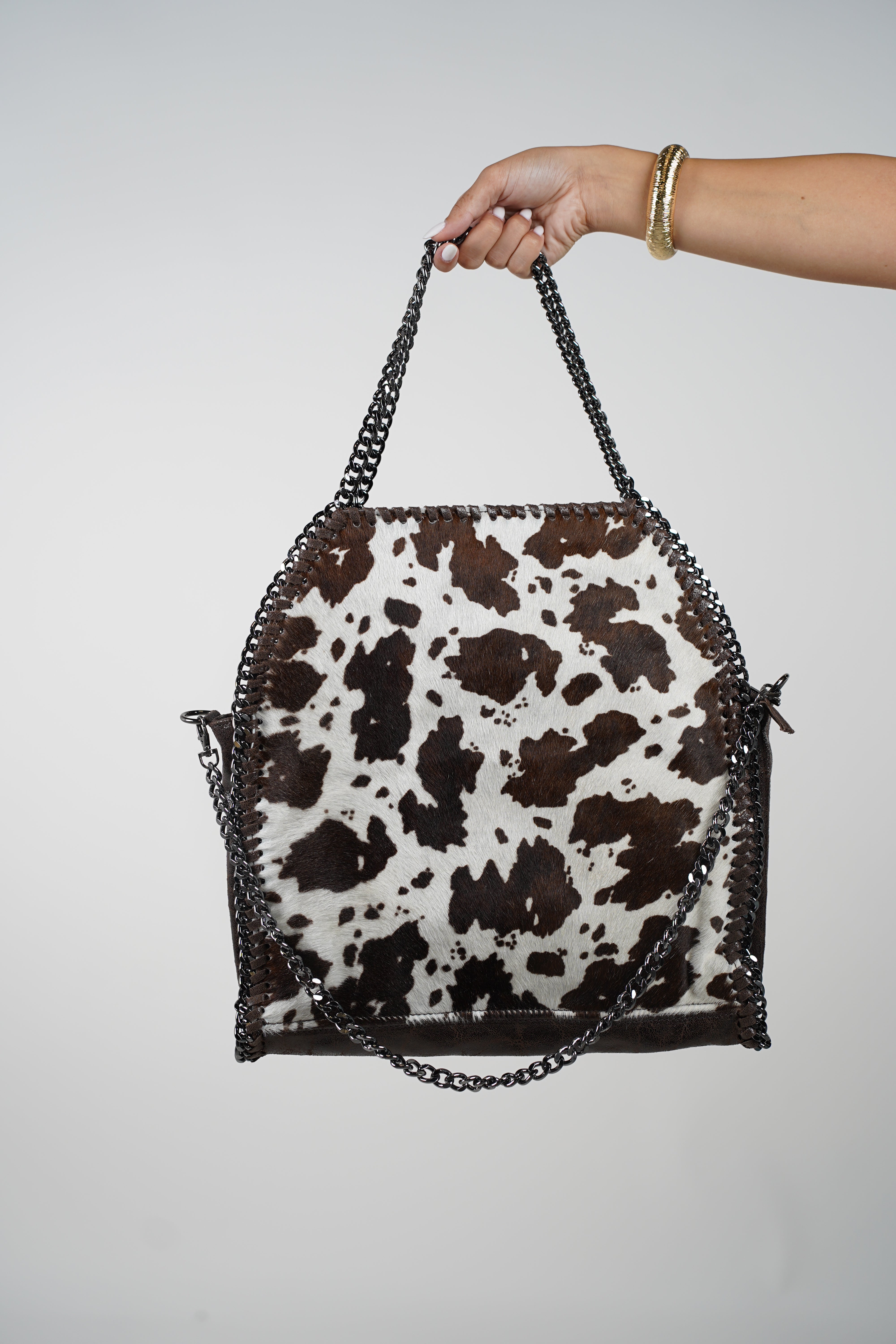 Large Satchel Cow Bag – Statement Chain Handle Cow Print Shoulder Bag