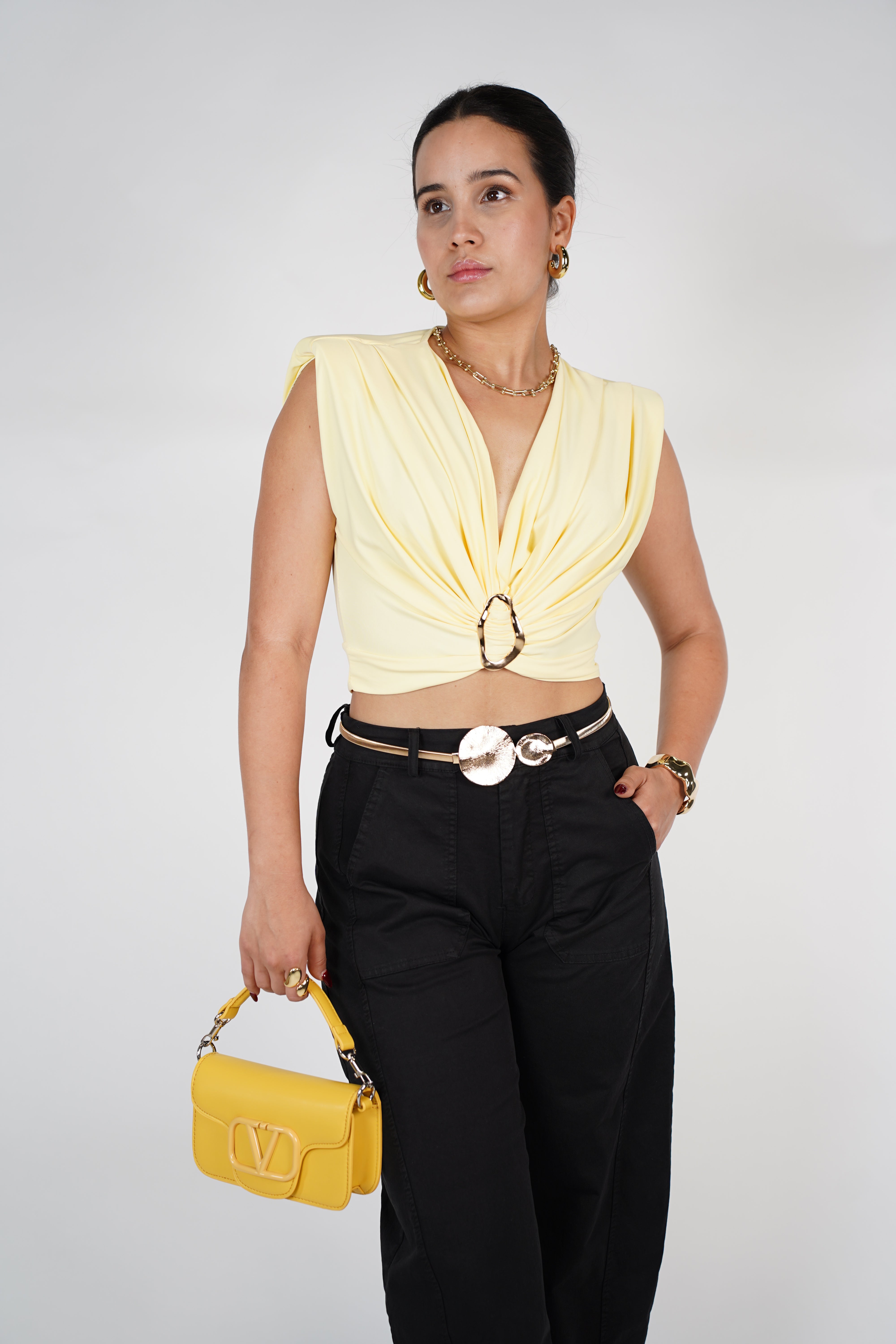 Zaley Crop Top – Draped Gold Ring Detail Top in Multiple Colors