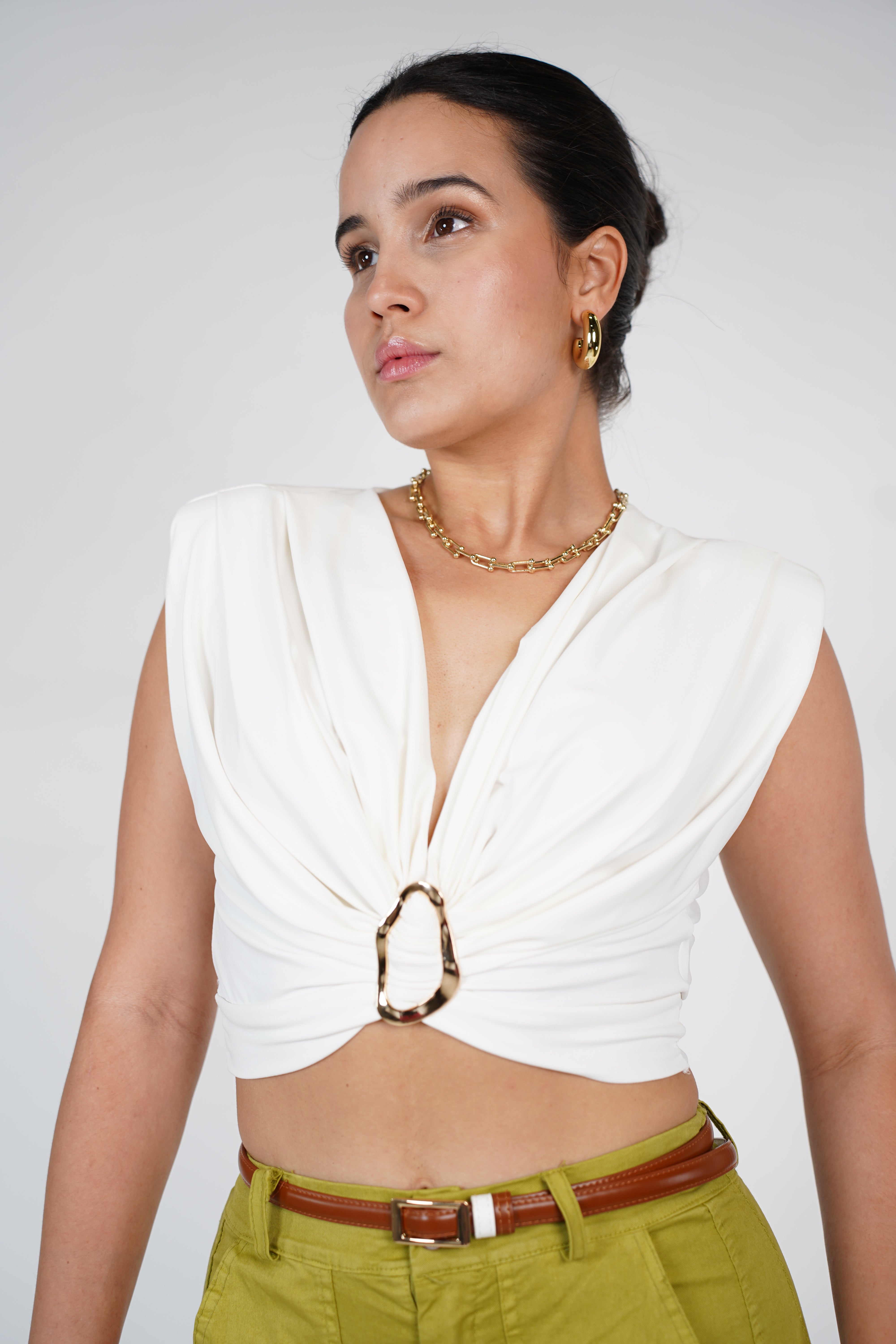 Zaley Crop Top – Draped Gold Ring Detail Top in Multiple Colors