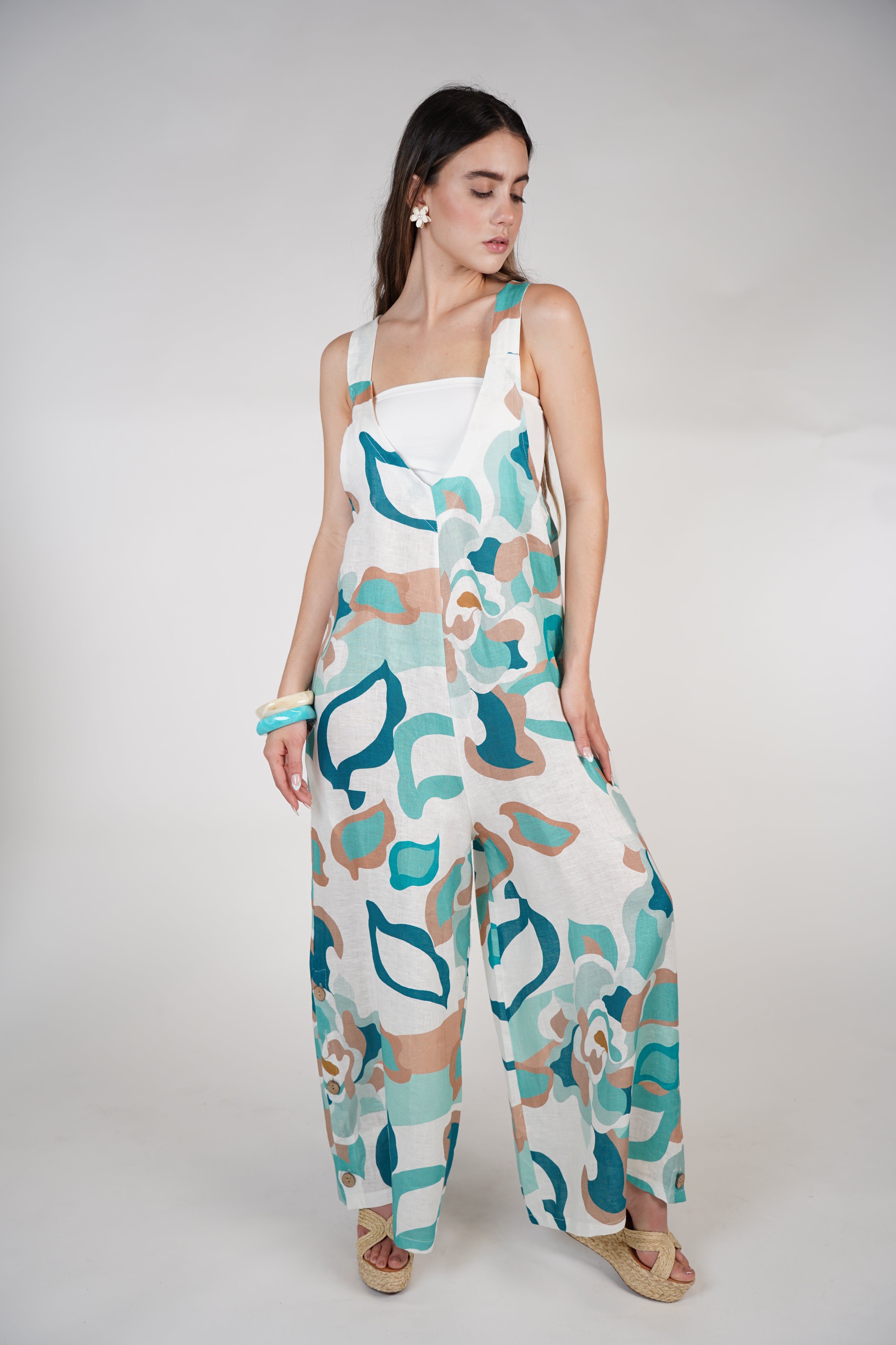 Jesus Linen Jumpsuit – Pink & Neutral Abstract Print, One Size