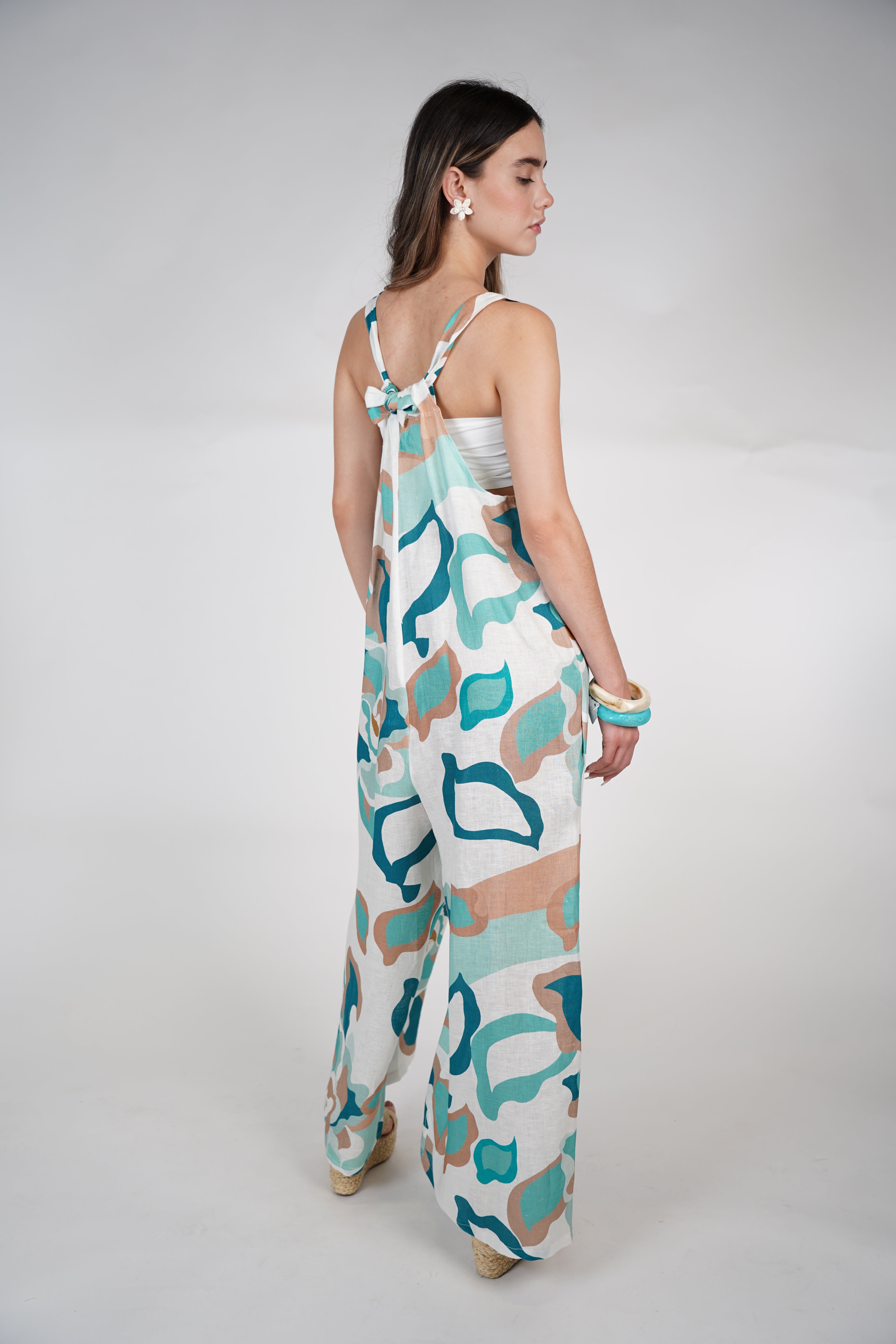 Jesus Linen Jumpsuit – Pink & Neutral Abstract Print, One Size