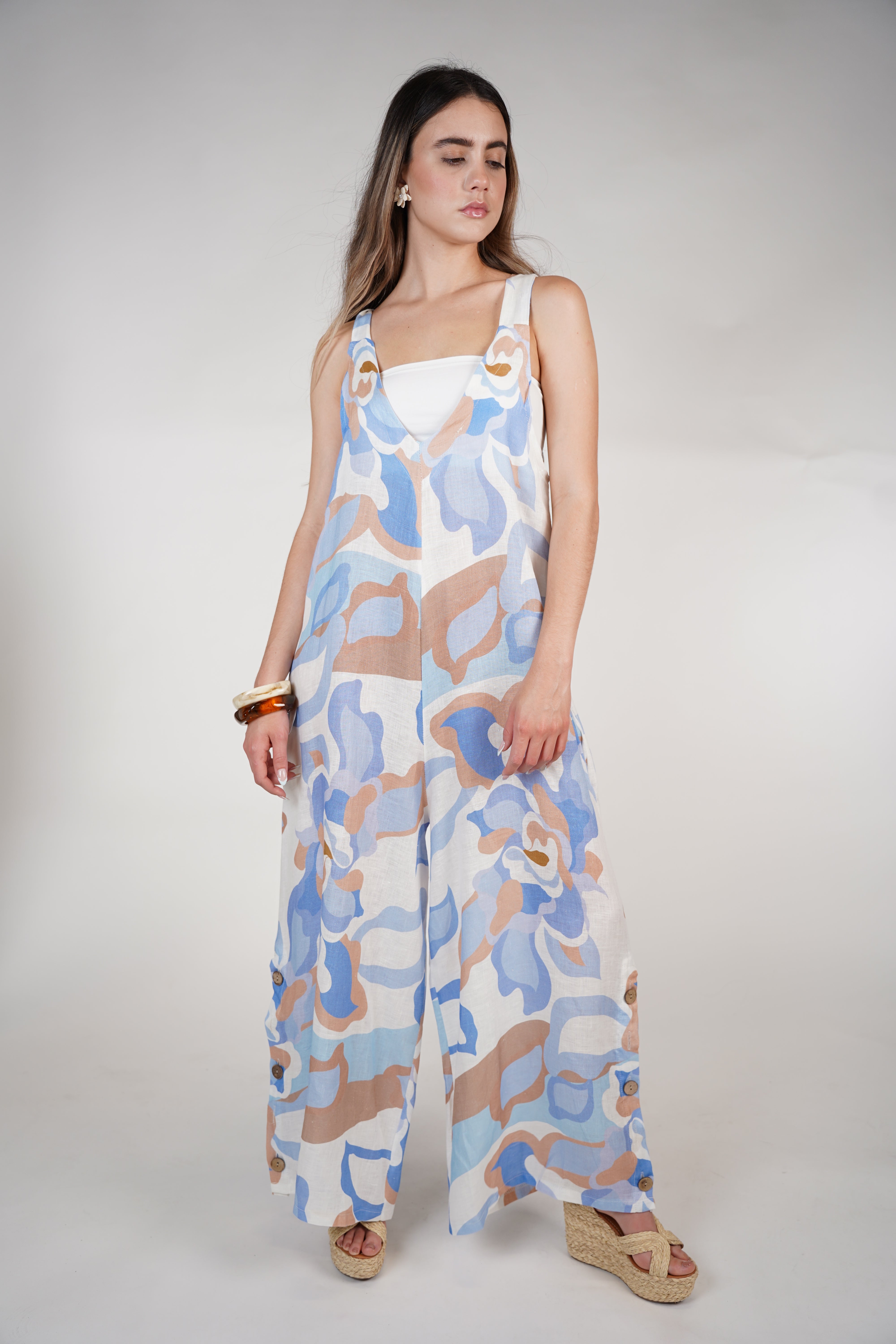 Jesus Linen Jumpsuit – Pink & Neutral Abstract Print, One Size