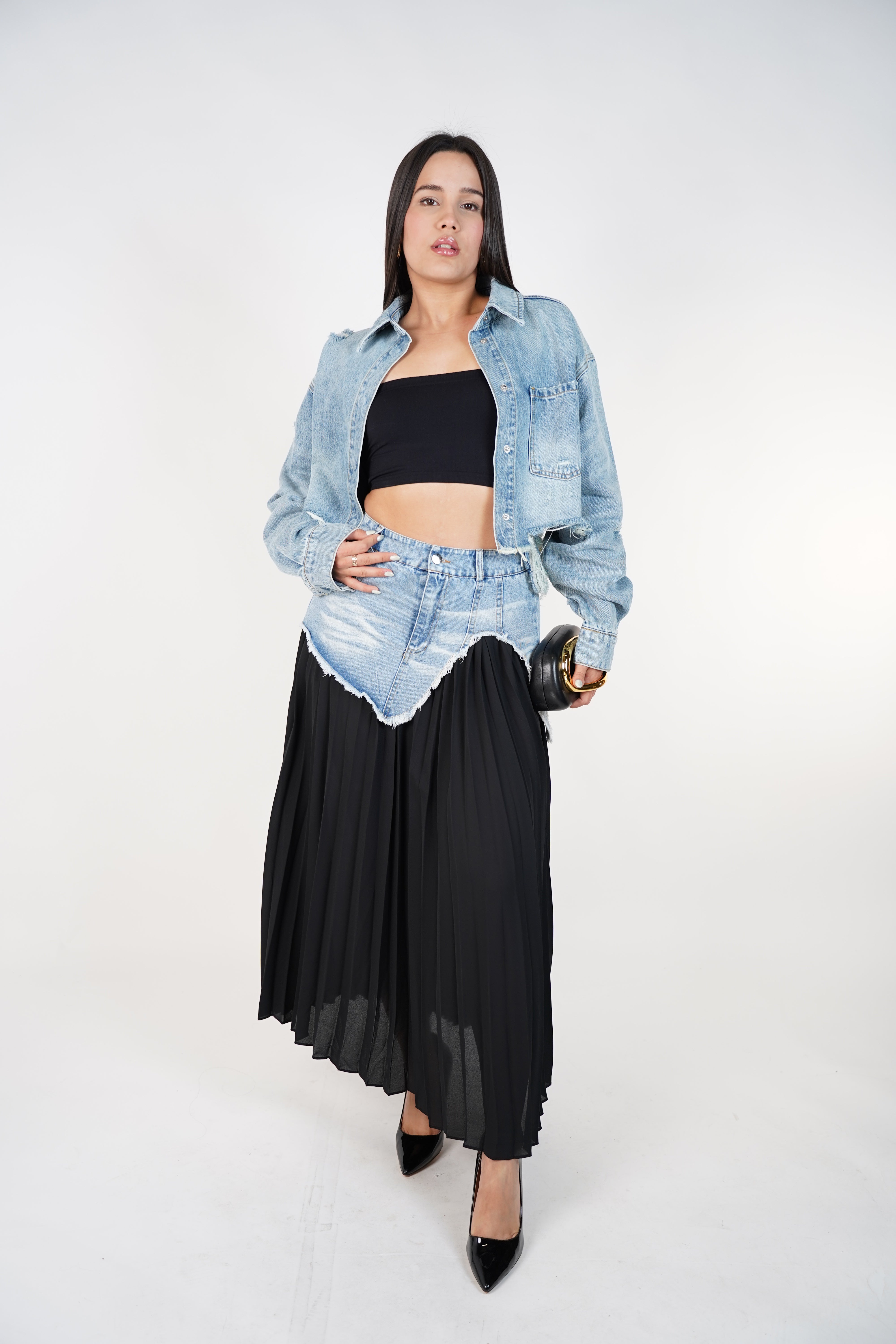 Renovia Contrast Skirt – Denim Overlay Pleated Statement Skirt