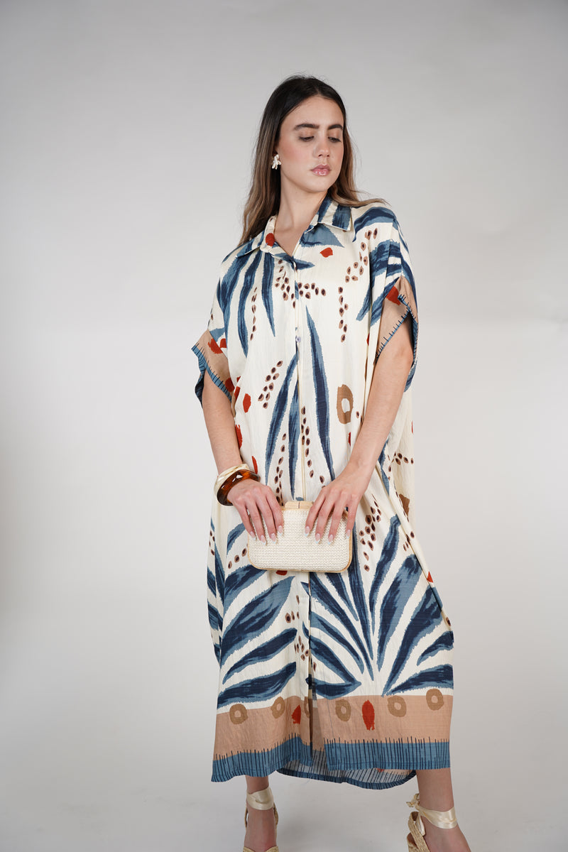 Omelle Stamped Maxi Dress – Tropical Print Button-Down Kaftan, One Size