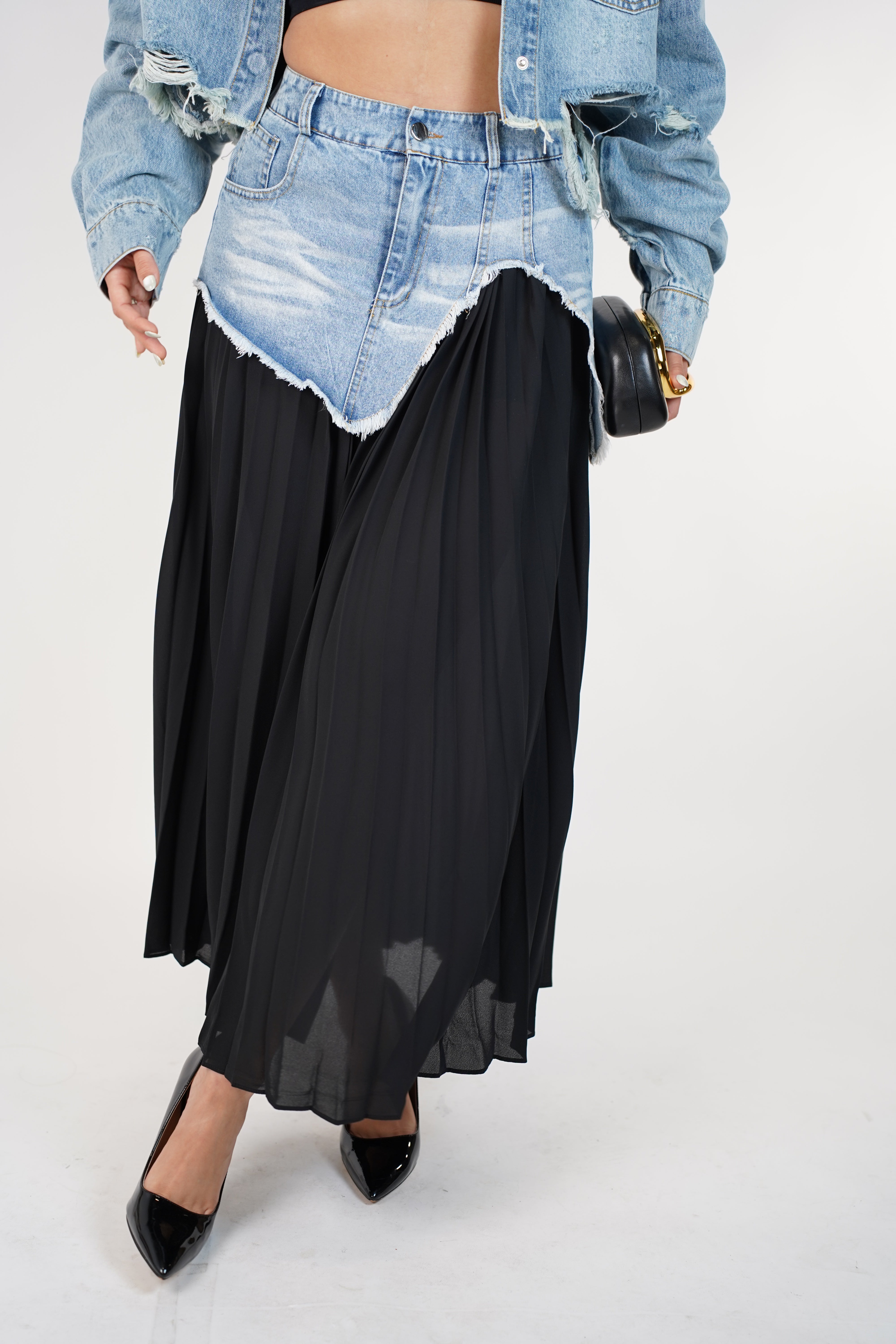 Renovia Contrast Skirt – Denim Overlay Pleated Statement Skirt