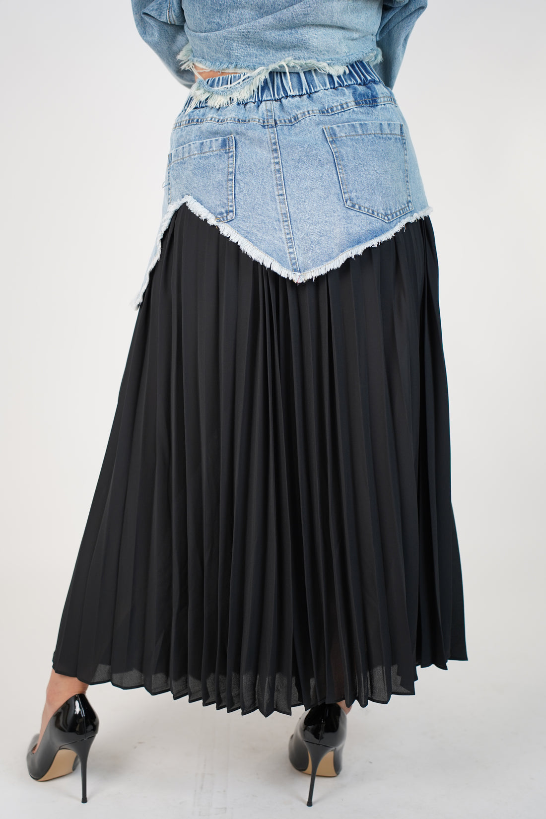 Renovia Contrast Skirt – Denim Overlay Pleated Statement Skirt