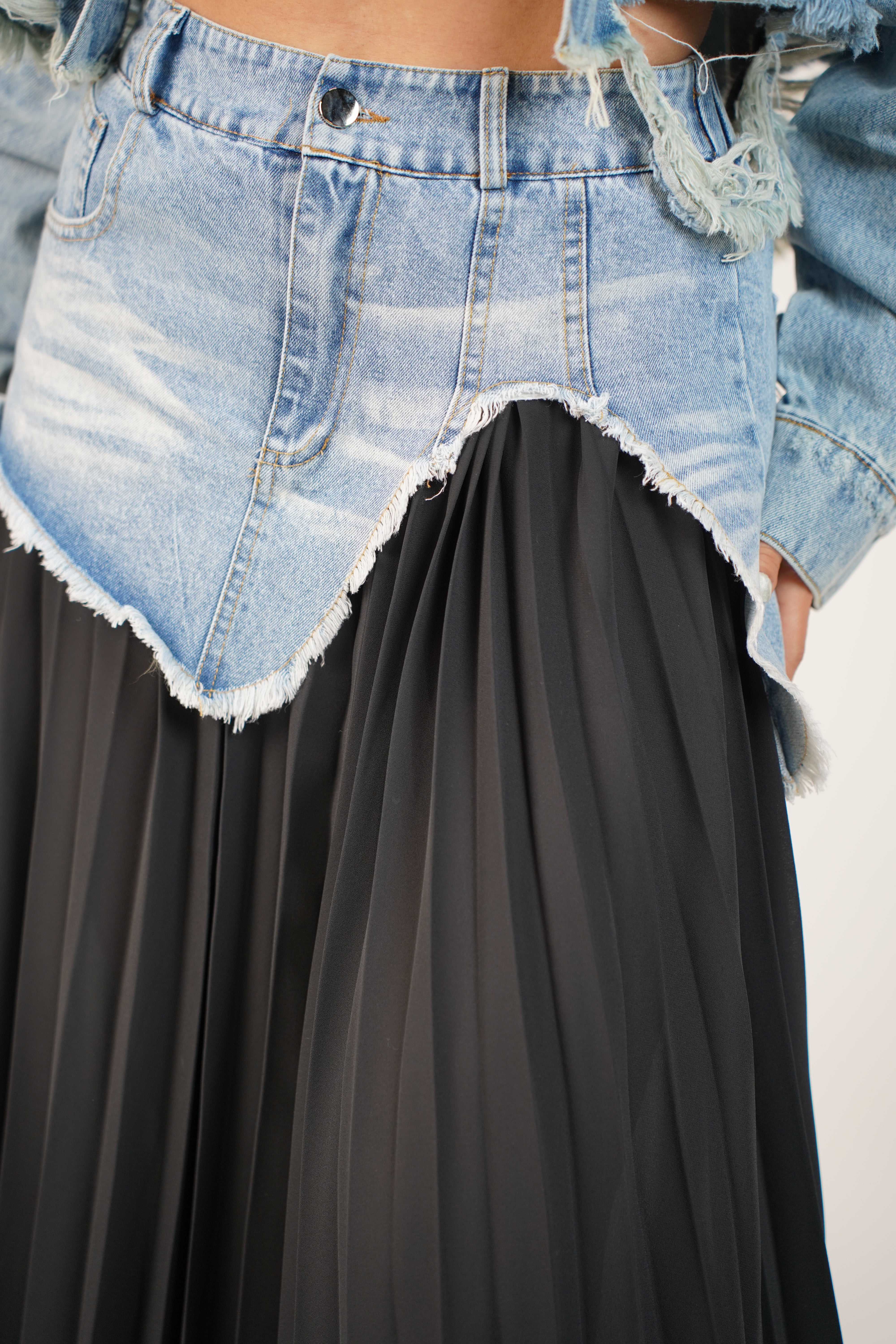 Renovia Contrast Skirt – Denim Overlay Pleated Statement Skirt