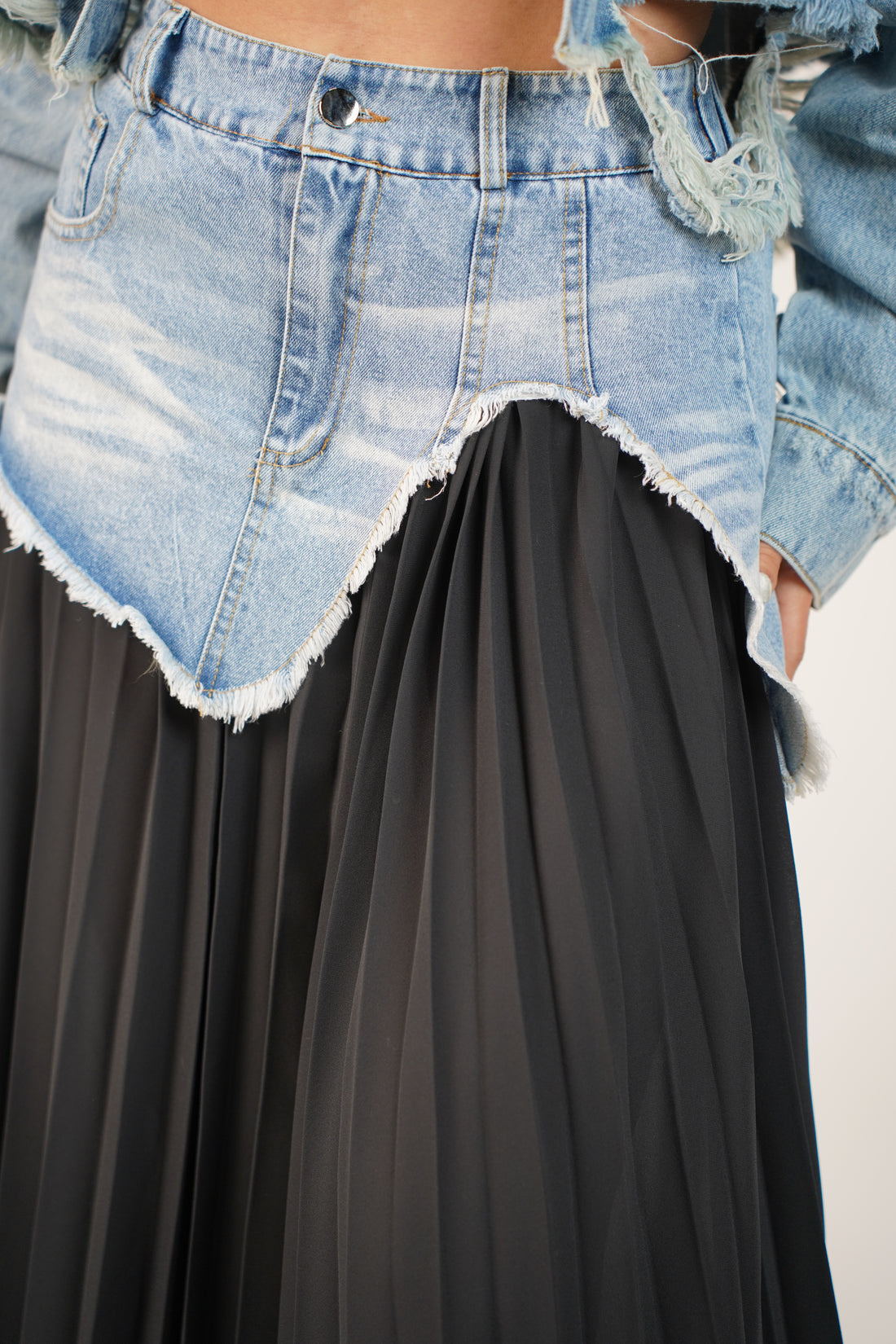 Renovia Contrast Skirt – Denim Overlay Pleated Statement Skirt