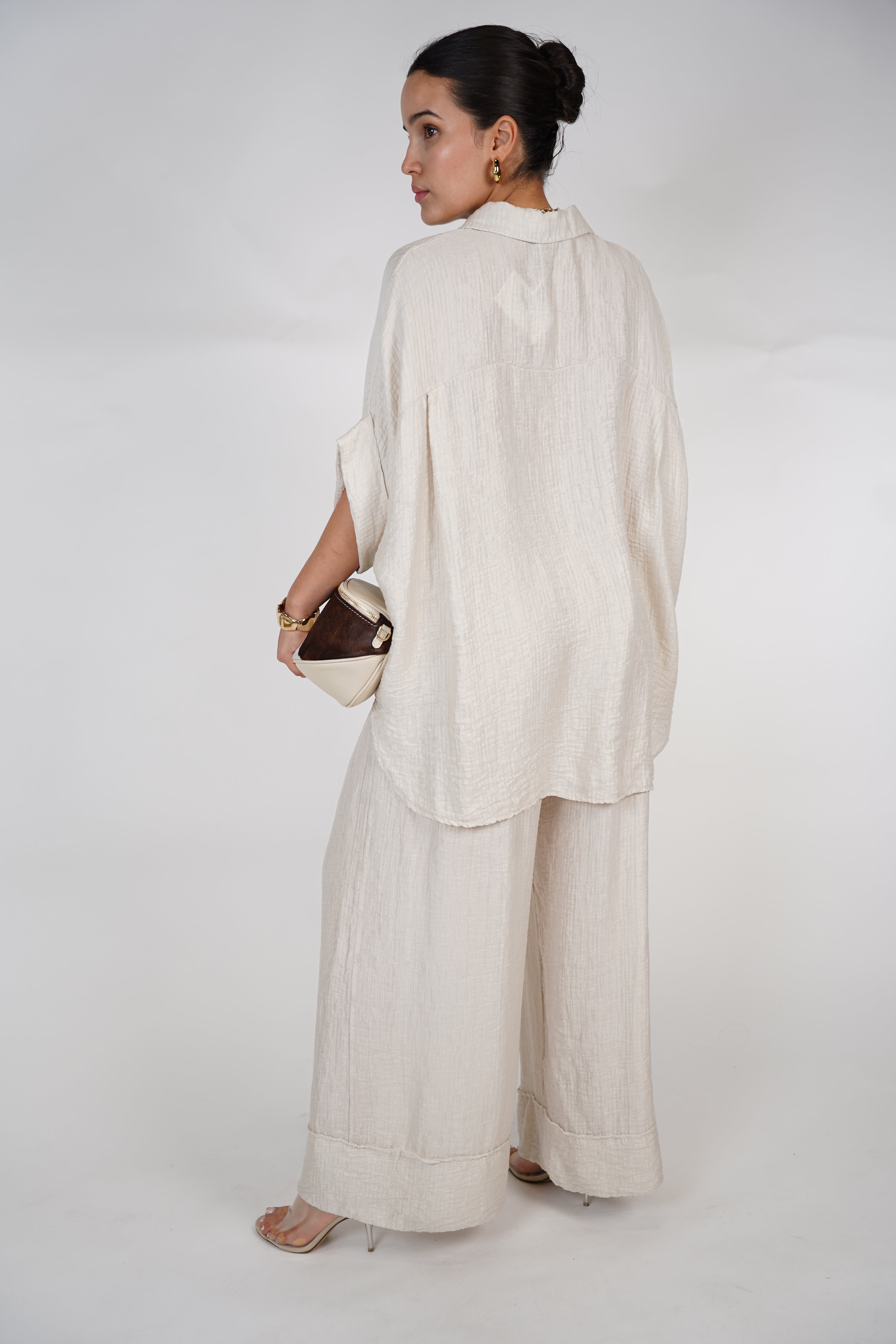 Evelyn Oversized Pants Set – Flowy Button Top & Wide-Leg Pants, One Size, Multiple Colors