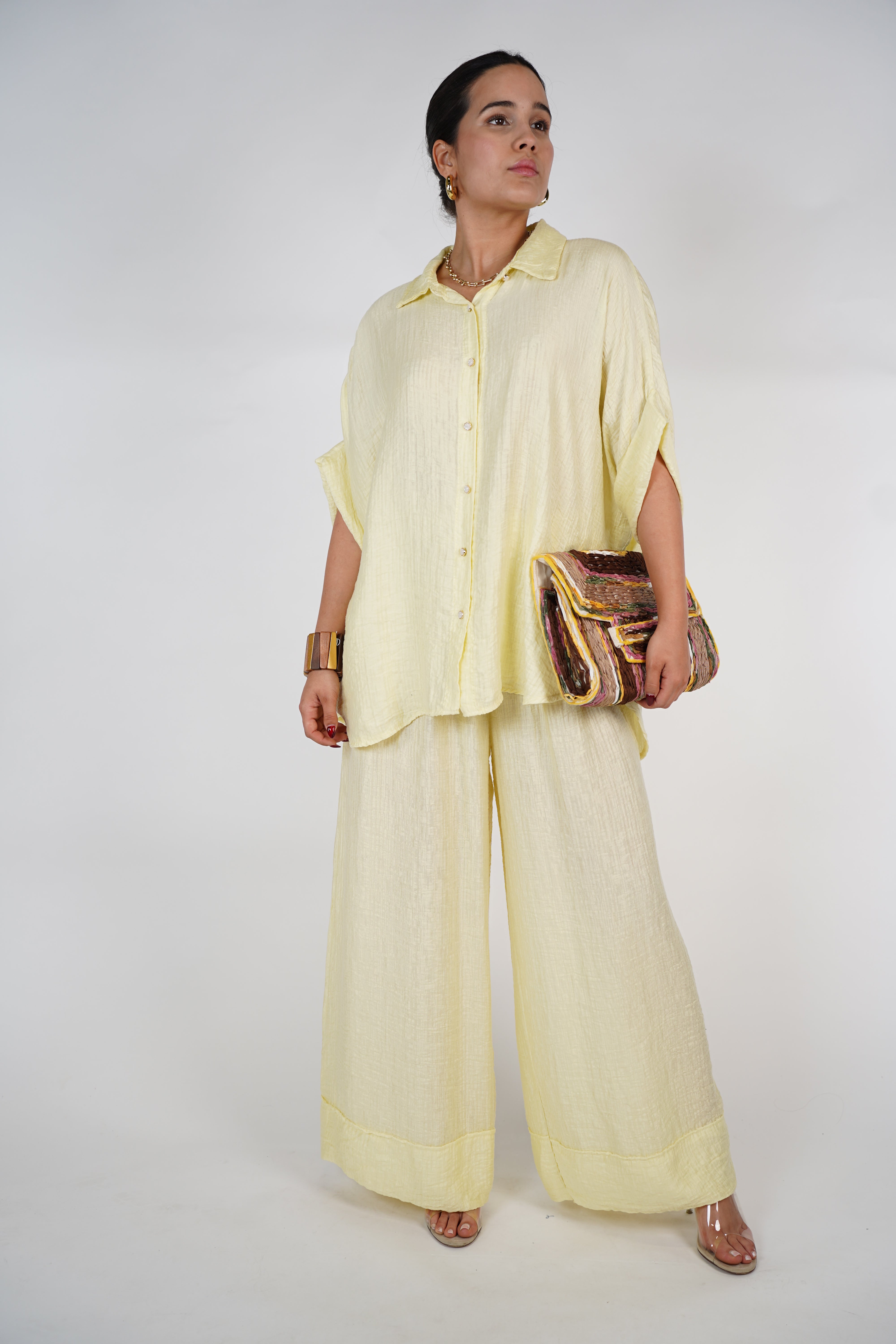 Evelyn Oversized Pants Set – Flowy Button Top & Wide-Leg Pants, One Size, Multiple Colors