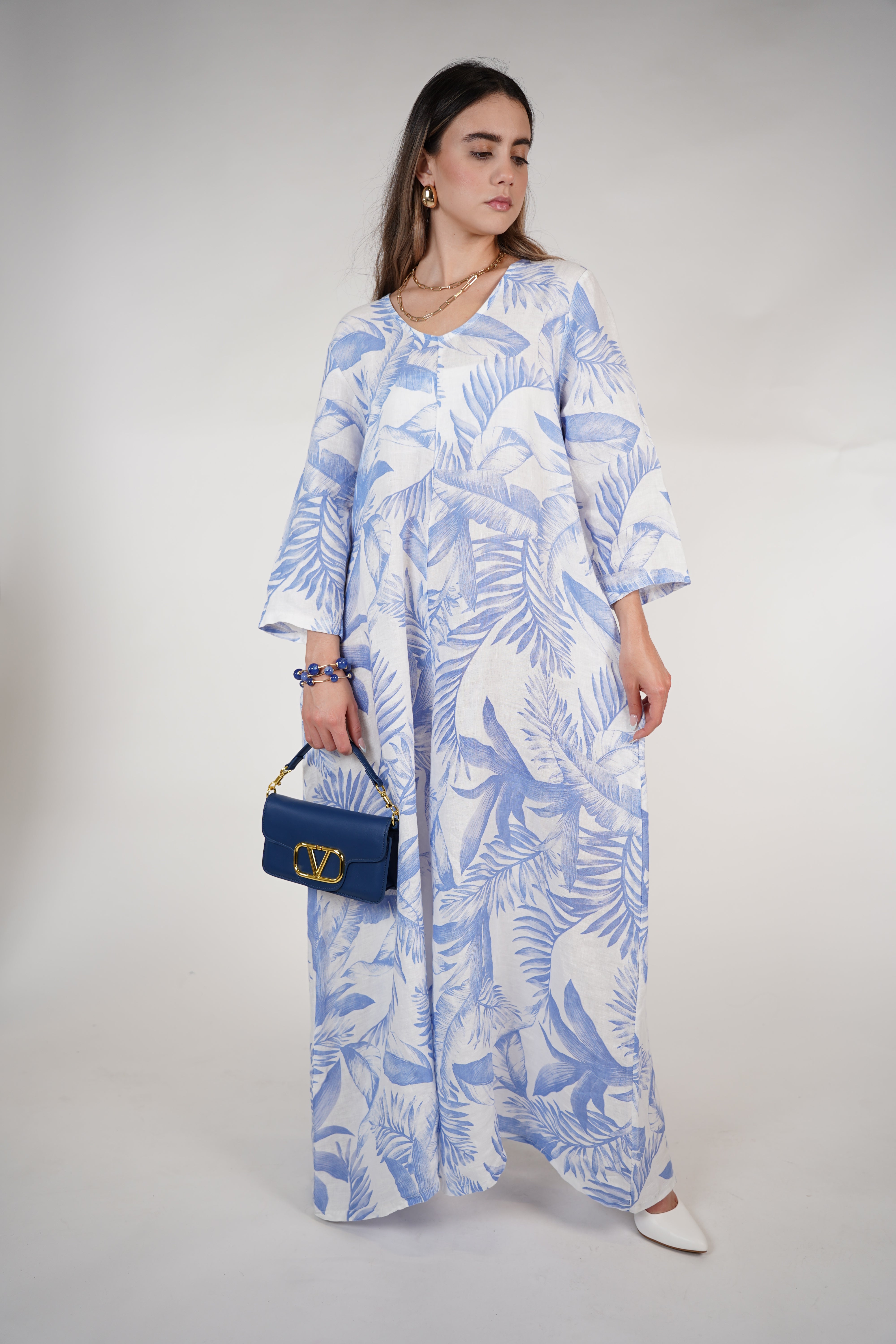 Kiora Stamped Linen Jumpsuit – Palm Print Wide-Leg One Piece