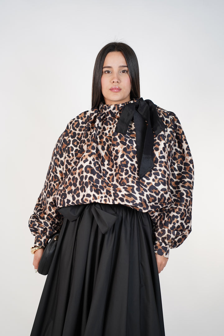 Seraphy Leopard Bubble Top – Statement Bow Detail Blouse