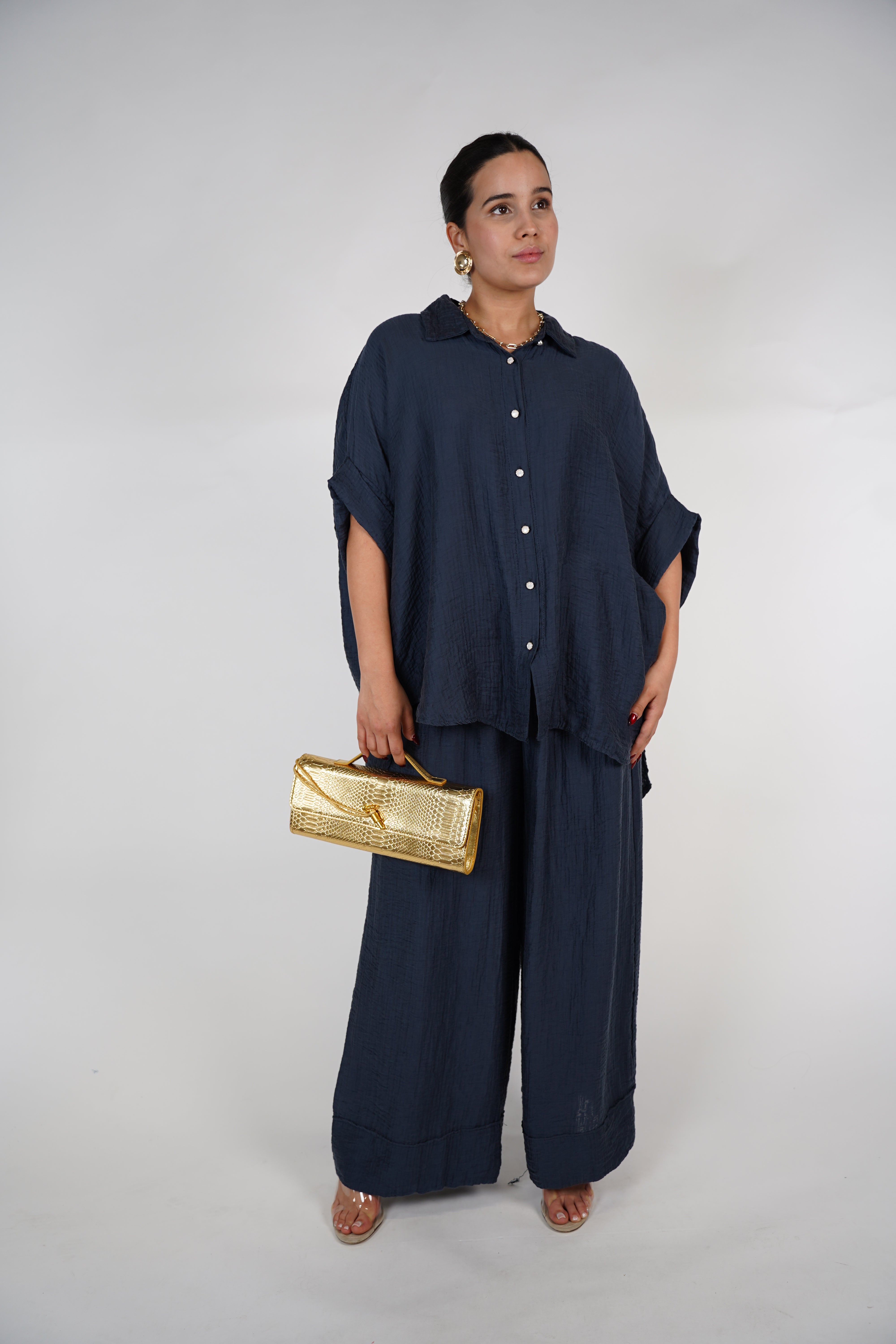 Evelyn Oversized Pants Set – Flowy Button Top & Wide-Leg Pants, One Size, Multiple Colors