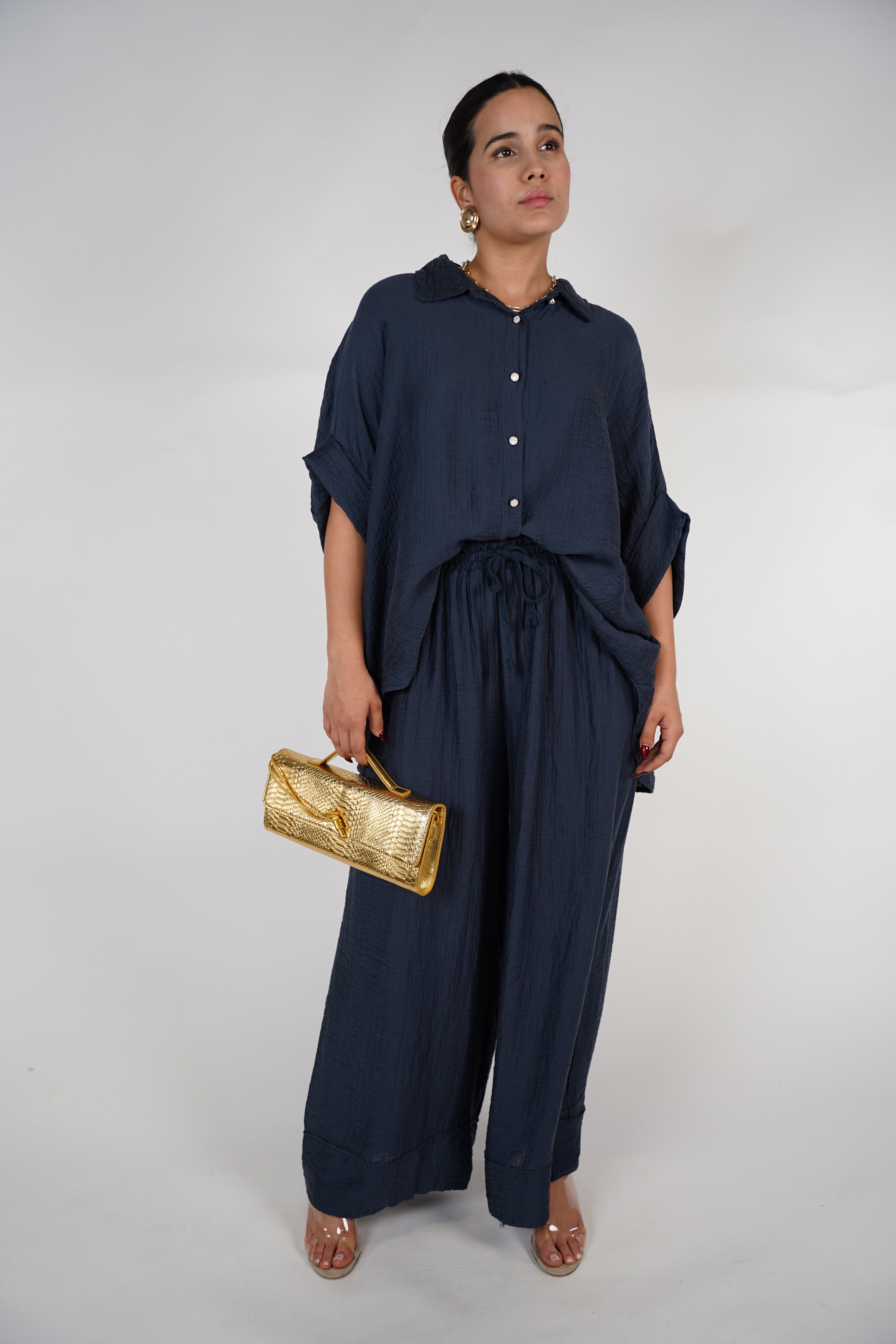 Evelyn Oversized Pants Set – Flowy Button Top & Wide-Leg Pants, One Size, Multiple Colors