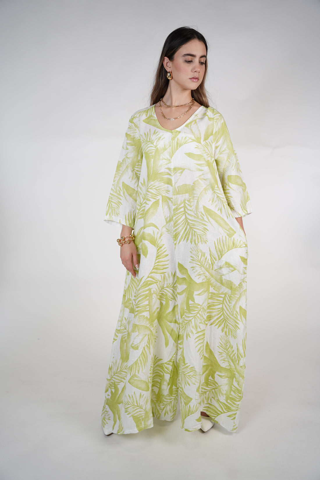 Kiora Stamped Linen Jumpsuit – Palm Print Wide-Leg One Piece