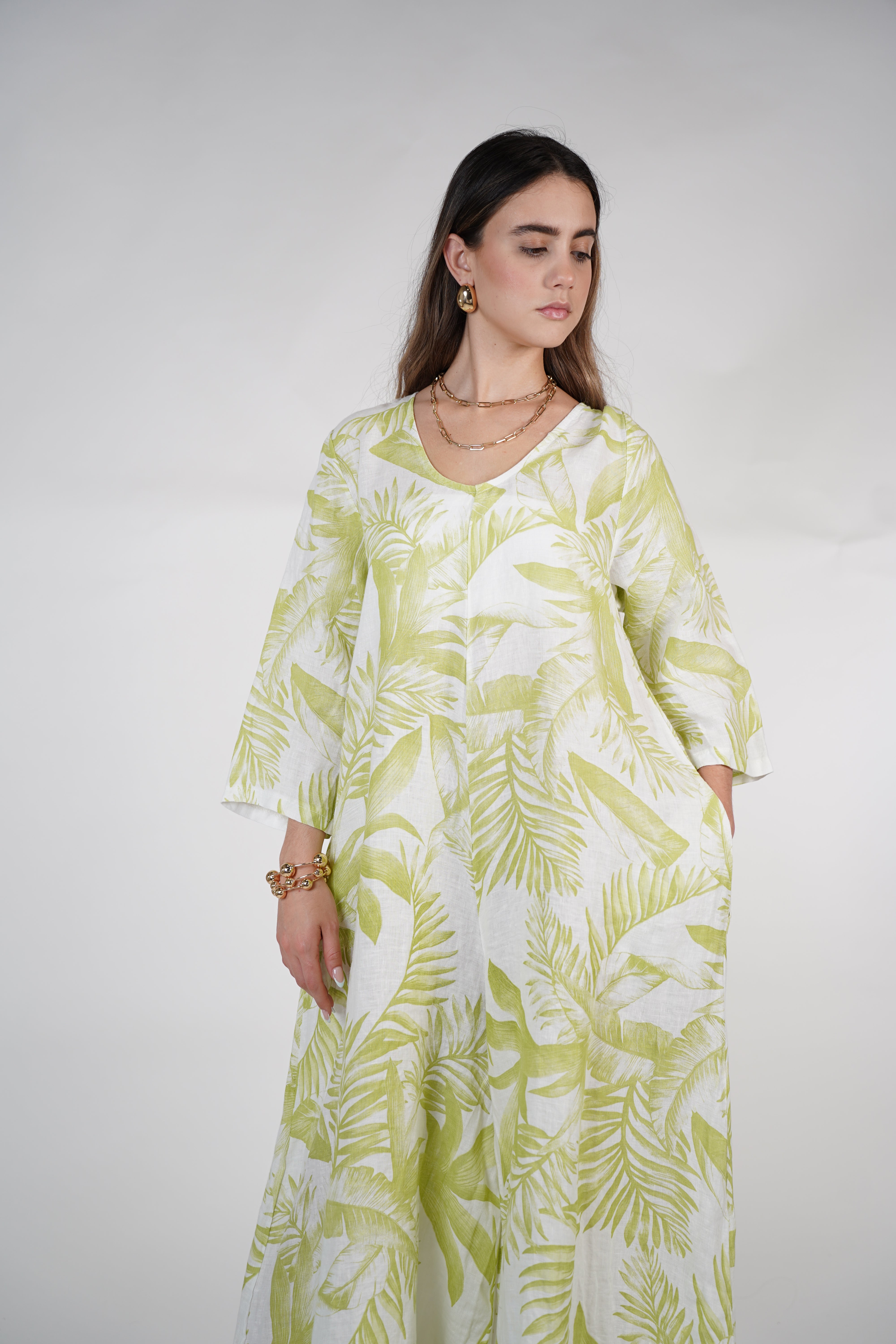 Kiora Stamped Linen Jumpsuit – Palm Print Wide-Leg One Piece