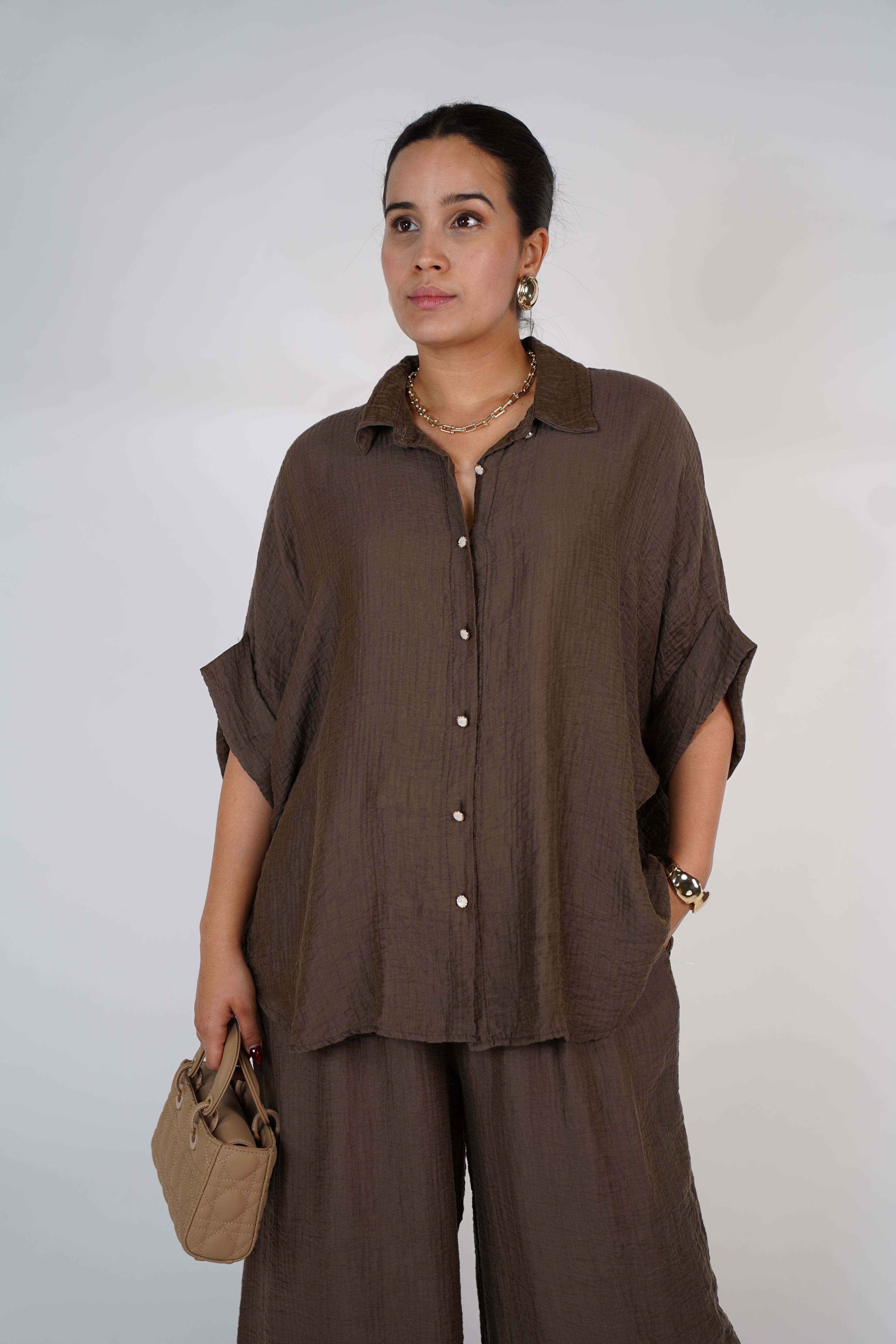 Evelyn Oversized Pants Set – Flowy Button Top & Wide-Leg Pants, One Size, Multiple Colors